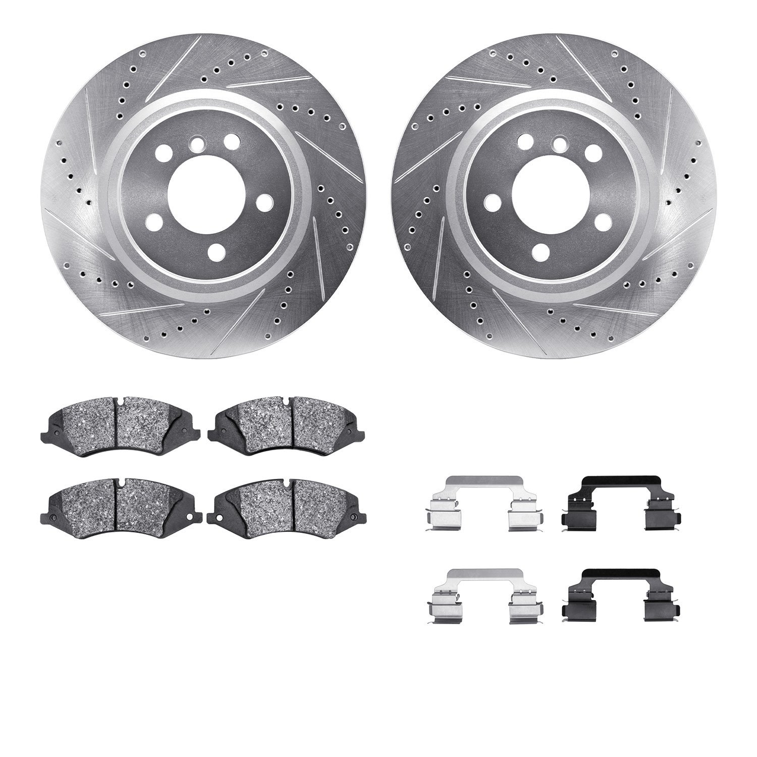 7512-11031 Drilled/Slotted Brake Rotors w/5000 Advanced Brake Pads Kit & Hardware [Silver], 2010-2012 Land Rover, Position: Fron