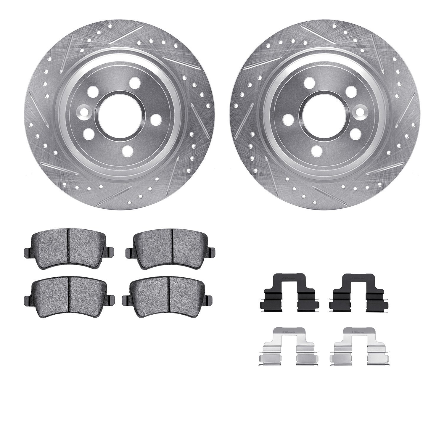 7512-11034 Drilled/Slotted Brake Rotors w/5000 Advanced Brake Pads Kit & Hardware [Silver], 2012-2015 Land Rover, Position: Rear