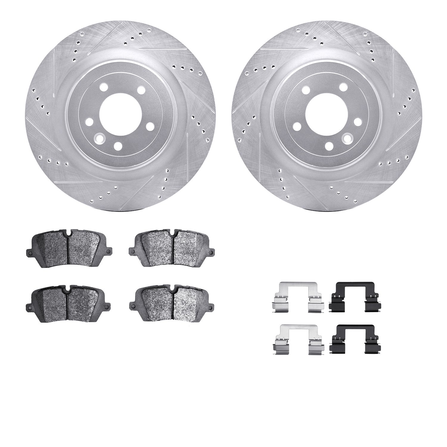 7512-11035 Drilled/Slotted Brake Rotors w/5000 Advanced Brake Pads Kit & Hardware [Silver], 2013-2021 Land Rover, Position: Rear
