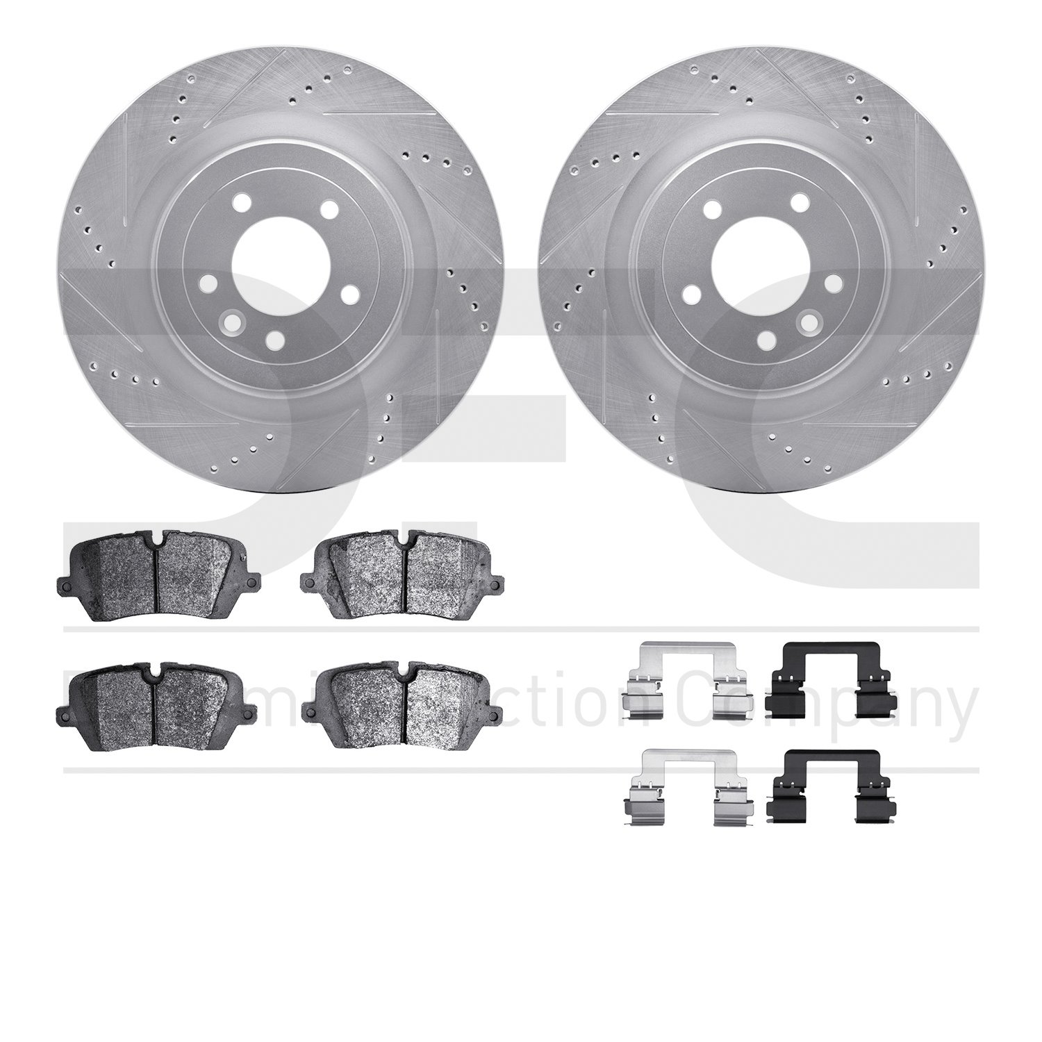 7512-11036 Drilled/Slotted Brake Rotors w/5000 Advanced Brake Pads Kit & Hardware [Silver], Fits Select Land Rover, Position: Re