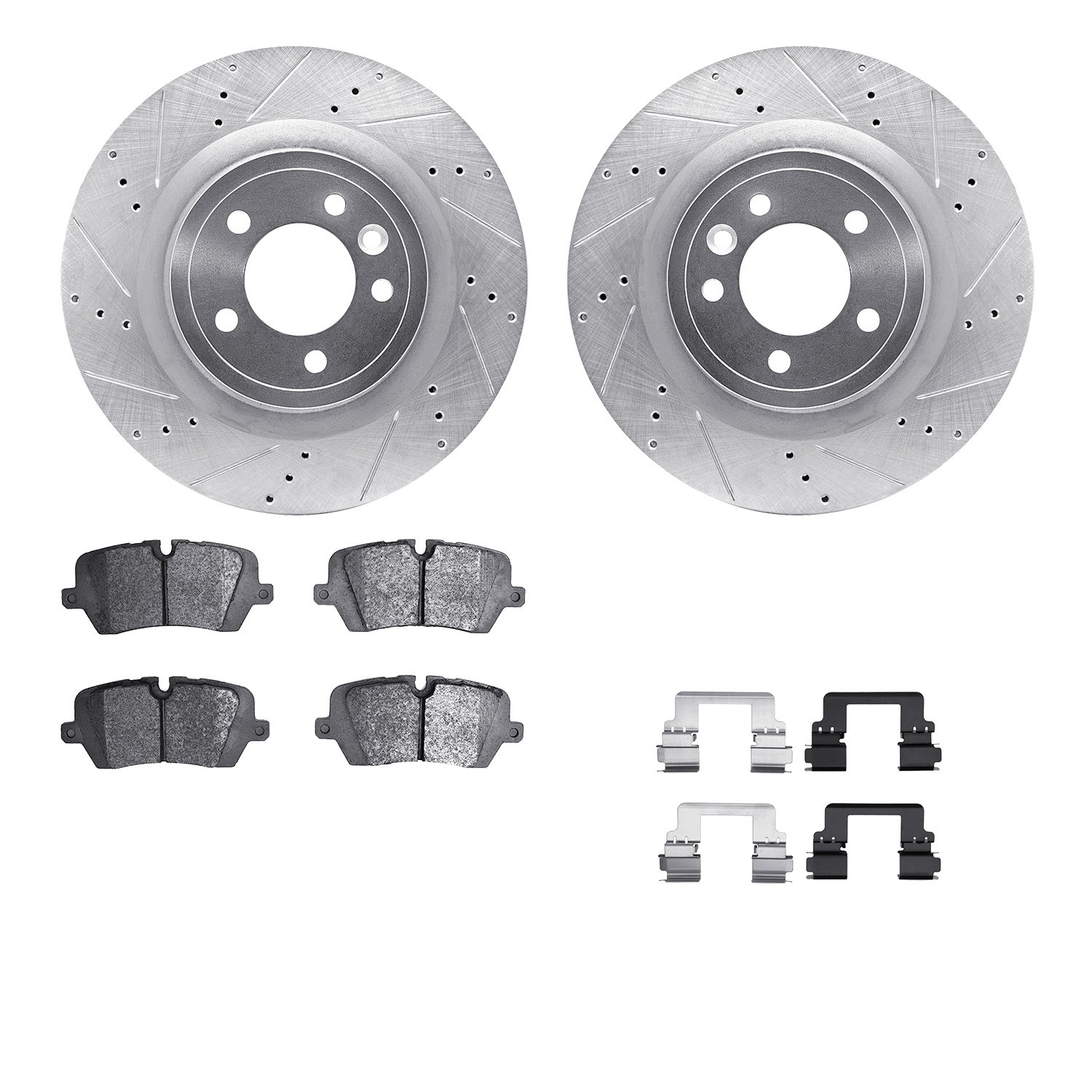 7512-11038 Drilled/Slotted Brake Rotors w/5000 Advanced Brake Pads Kit & Hardware [Silver], Fits Select Land Rover, Position: Re