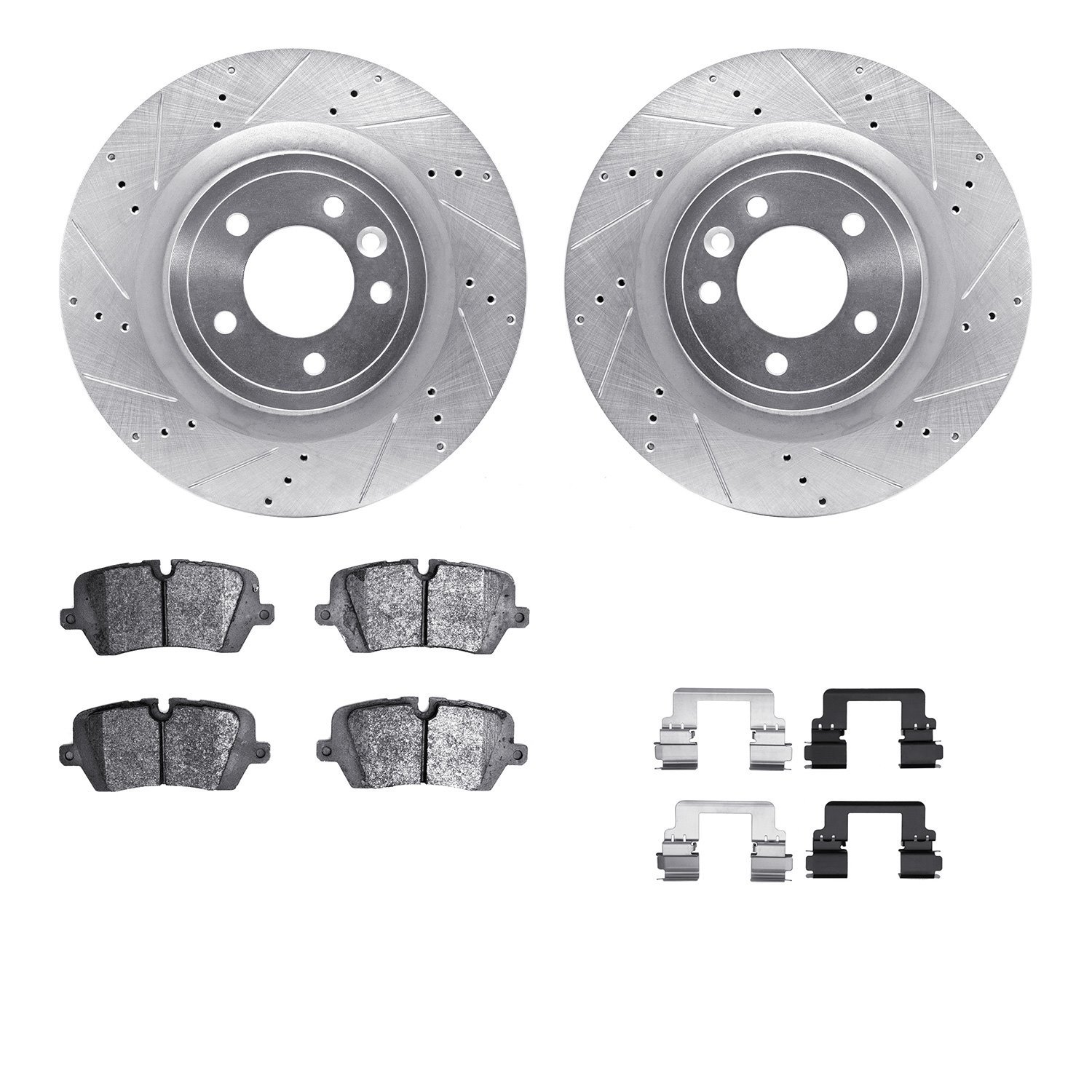 7512-11039 Drilled/Slotted Brake Rotors w/5000 Advanced Brake Pads Kit & Hardware [Silver], 2014-2017 Land Rover, Position: Rear