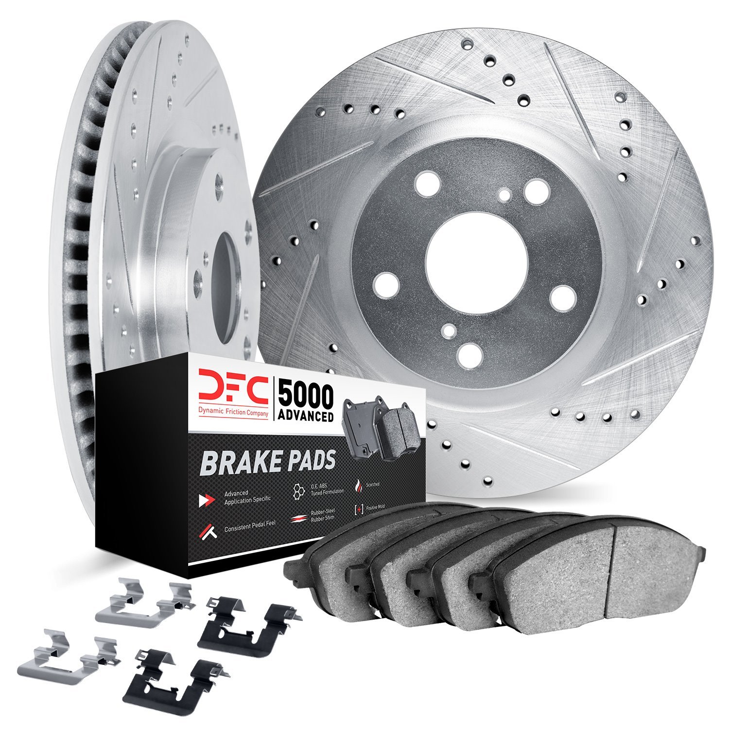 7512-11043 Drilled/Slotted Brake Rotors w/5000 Advanced Brake Pads Kit & Hardware [Silver], 2018-2021 Land Rover, Position: Fron