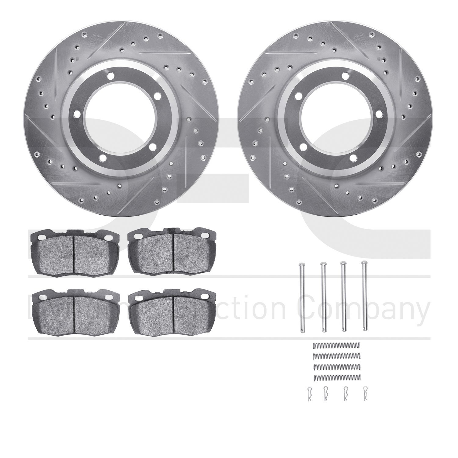 7512-11046 Drilled/Slotted Brake Rotors w/5000 Advanced Brake Pads Kit & Hardware [Silver], 1994-1997 Land Rover, Position: Fron