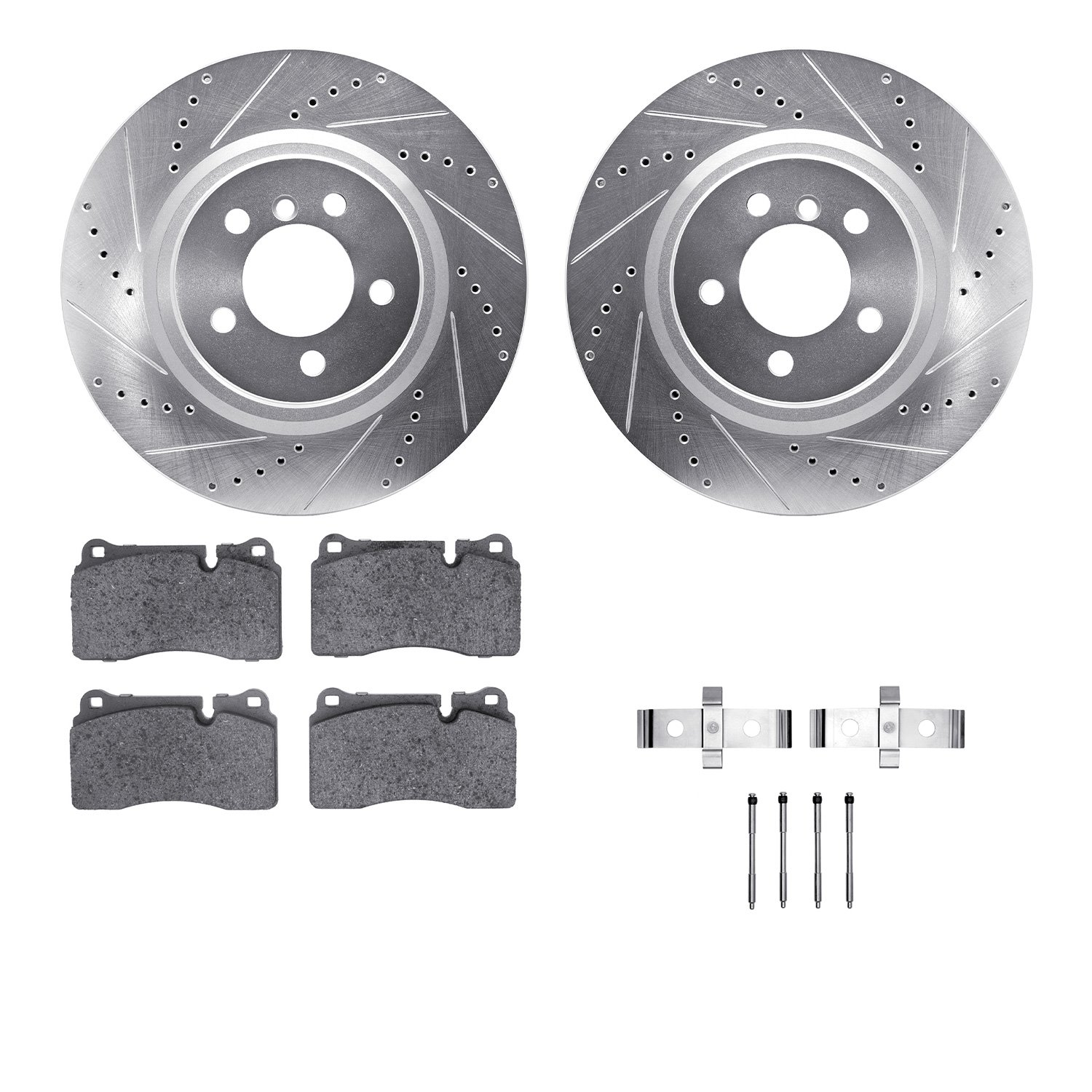 7512-11103 Drilled/Slotted Brake Rotors w/5000 Advanced Brake Pads Kit & Hardware [Silver], 2006-2009 Land Rover, Position: Fron