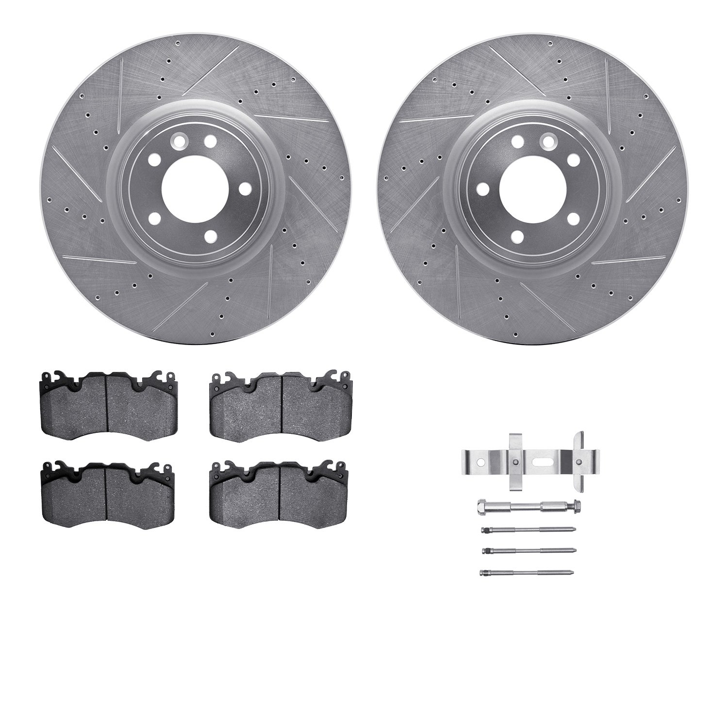 7512-11176 Drilled/Slotted Brake Rotors w/5000 Advanced Brake Pads Kit & Hardware [Silver], 2018-2021 Land Rover, Position: Fron