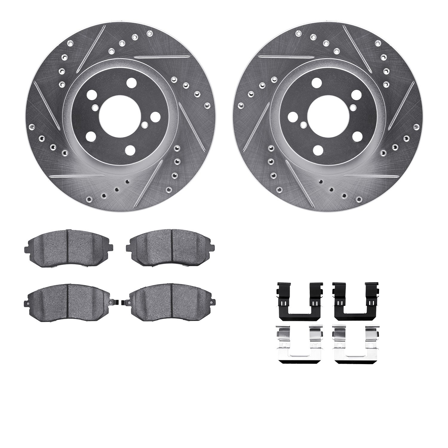 7512-13010 Drilled/Slotted Brake Rotors w/5000 Advanced Brake Pads Kit & Hardware [Silver], 2002-2010 GM, Position: Front