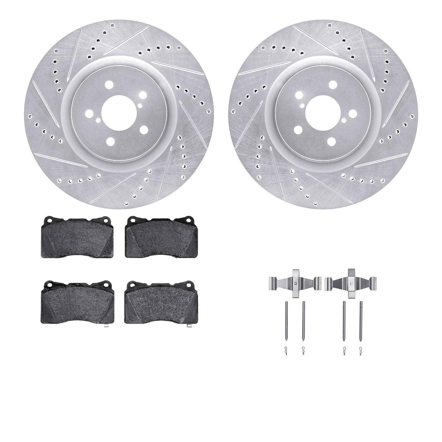 7512-13015 Drilled/Slotted Brake Rotors w/5000 Advanced Brake Pads Kit & Hardware [Silver], 2003-2020 Multiple Makes/Models, Pos