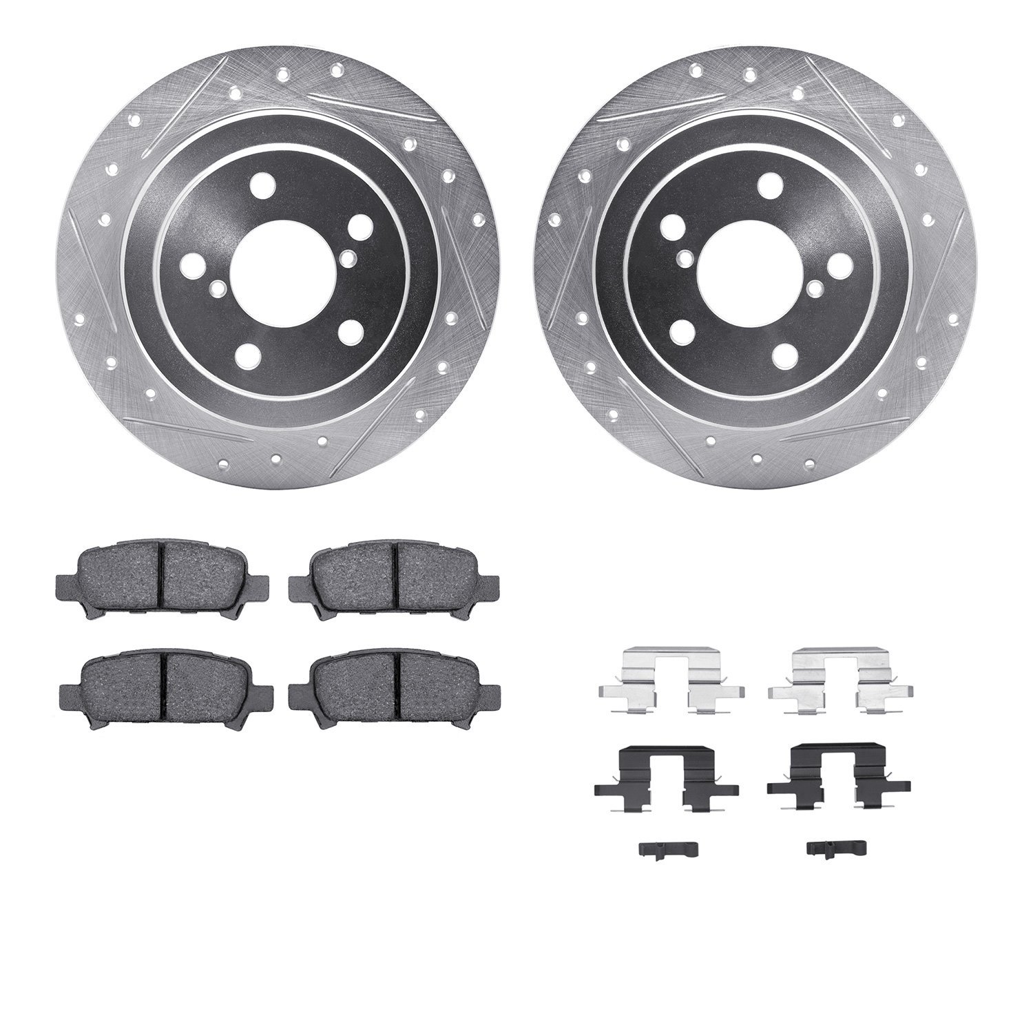 7512-13024 Drilled/Slotted Brake Rotors w/5000 Advanced Brake Pads Kit & Hardware [Silver], 1998-2003 Subaru, Position: Rear