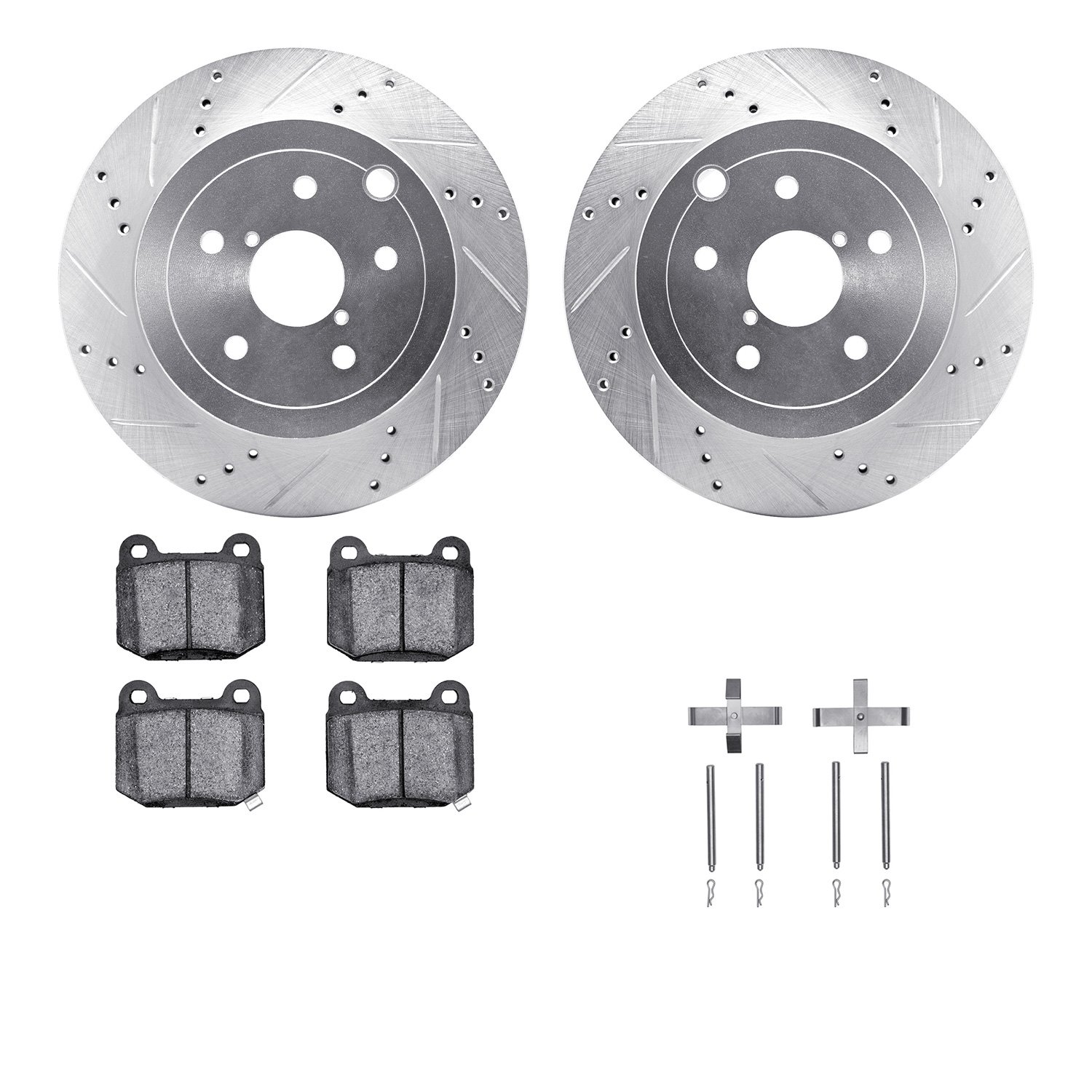 7512-13027 Drilled/Slotted Brake Rotors w/5000 Advanced Brake Pads Kit & Hardware [Silver], 2008-2020 Subaru, Position: Rear