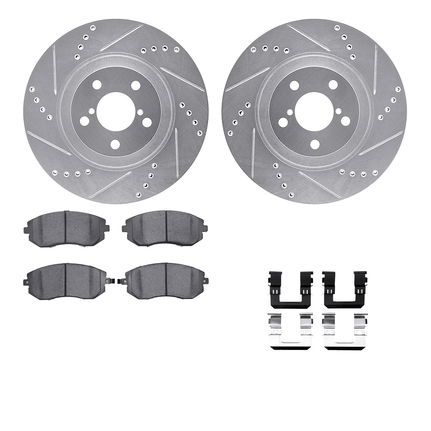 7512-13029 Drilled/Slotted Brake Rotors w/5000 Advanced Brake Pads Kit & Hardware [Silver], 2004-2012 Subaru, Position: Front