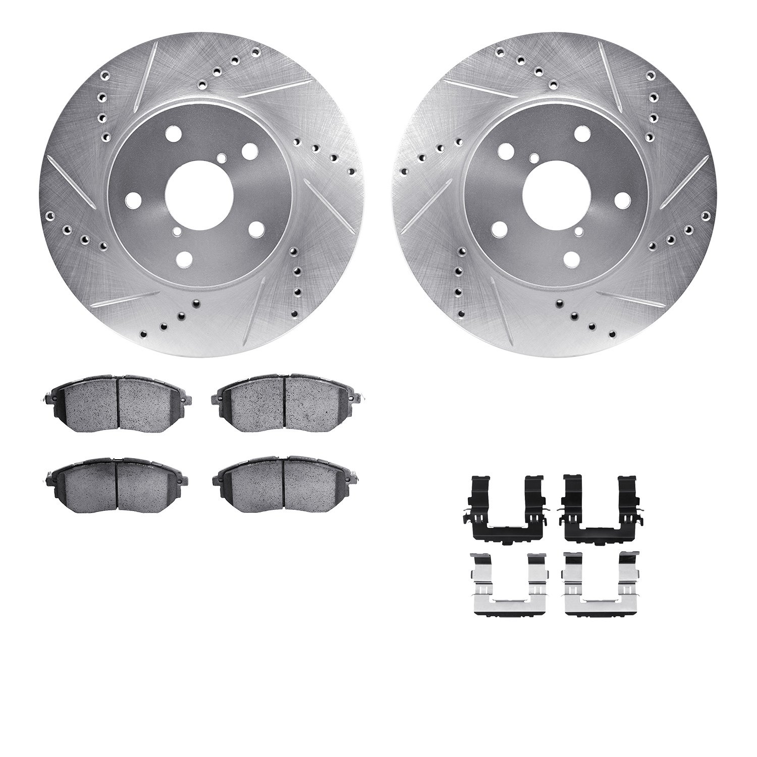 7512-13033 Drilled/Slotted Brake Rotors w/5000 Advanced Brake Pads Kit & Hardware [Silver], 2015-2015 Subaru, Position: Front