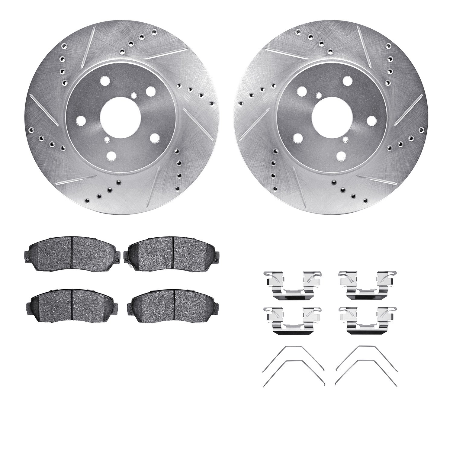 7512-13035 Drilled/Slotted Brake Rotors w/5000 Advanced Brake Pads Kit & Hardware [Silver], 2016-2019 Subaru, Position: Front