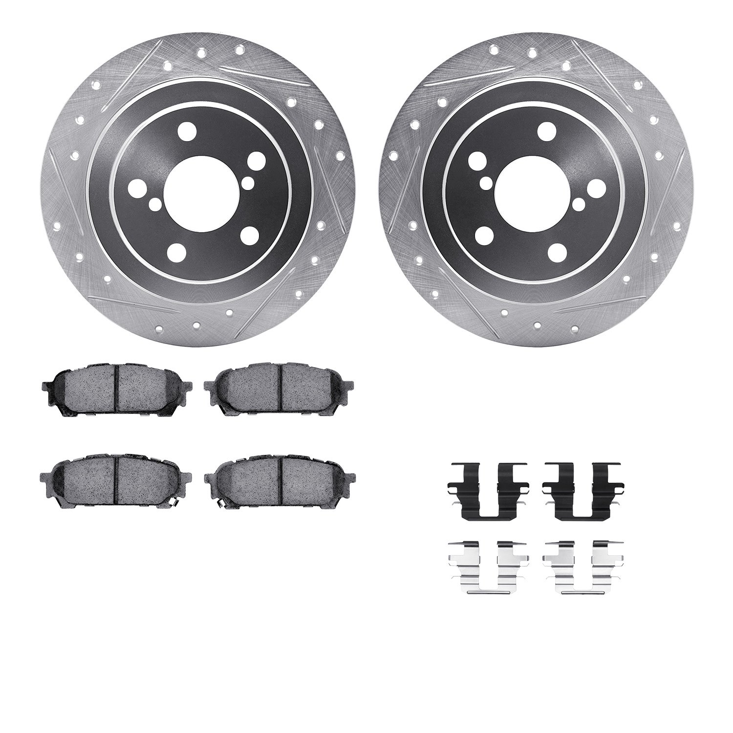 7512-13036 Drilled/Slotted Brake Rotors w/5000 Advanced Brake Pads Kit & Hardware [Silver], 2003-2008 GM, Position: Rear