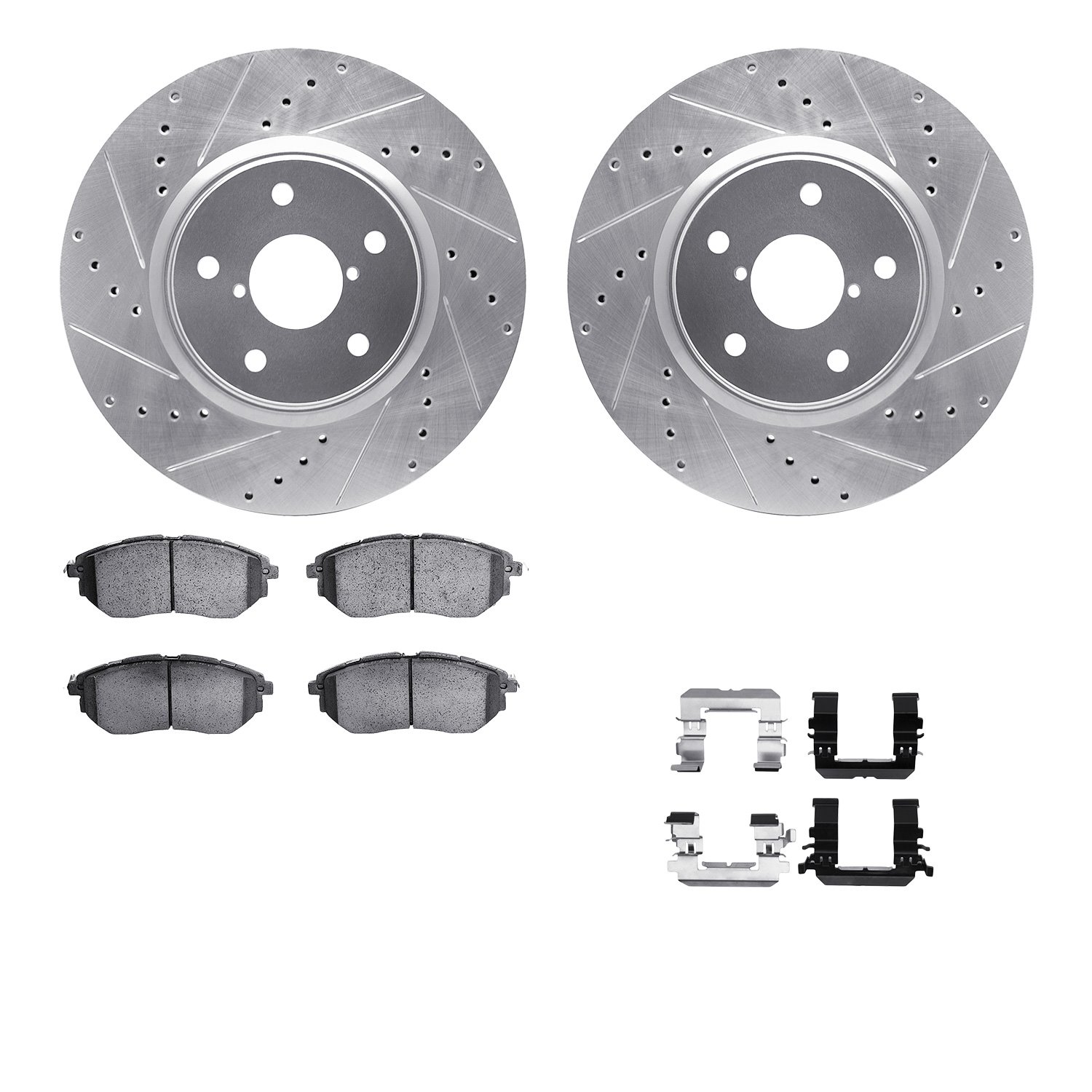 7512-13038 Drilled/Slotted Brake Rotors w/5000 Advanced Brake Pads Kit & Hardware [Silver], 2006-2021 Subaru, Position: Front