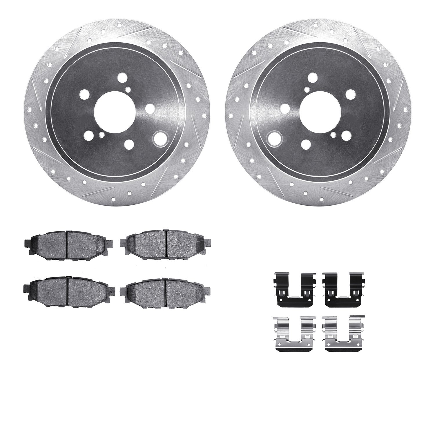 7512-13041 Drilled/Slotted Brake Rotors w/5000 Advanced Brake Pads Kit & Hardware [Silver], 2008-2015 Subaru, Position: Rear