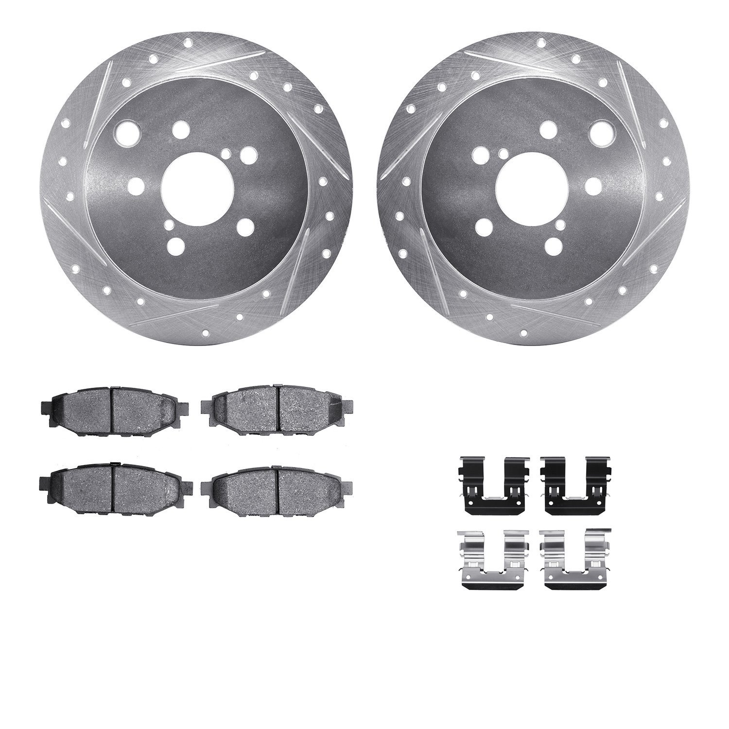 7512-13043 Drilled/Slotted Brake Rotors w/5000 Advanced Brake Pads Kit & Hardware [Silver], Fits Select Subaru, Position: Rear