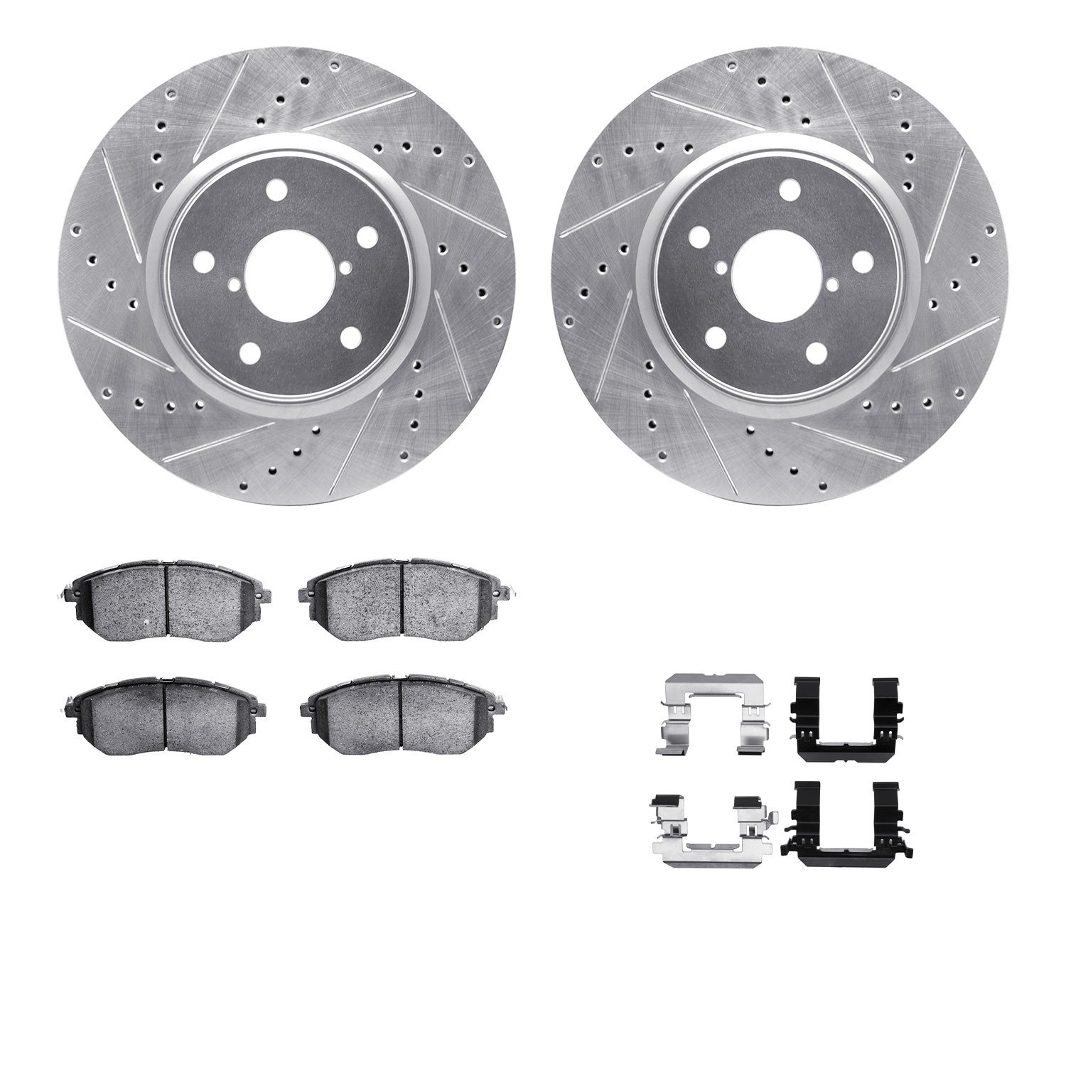 7512-13044 Drilled/Slotted Brake Rotors w/5000 Advanced Brake Pads Kit & Hardware [Silver], 2018-2019 Subaru, Position: Front