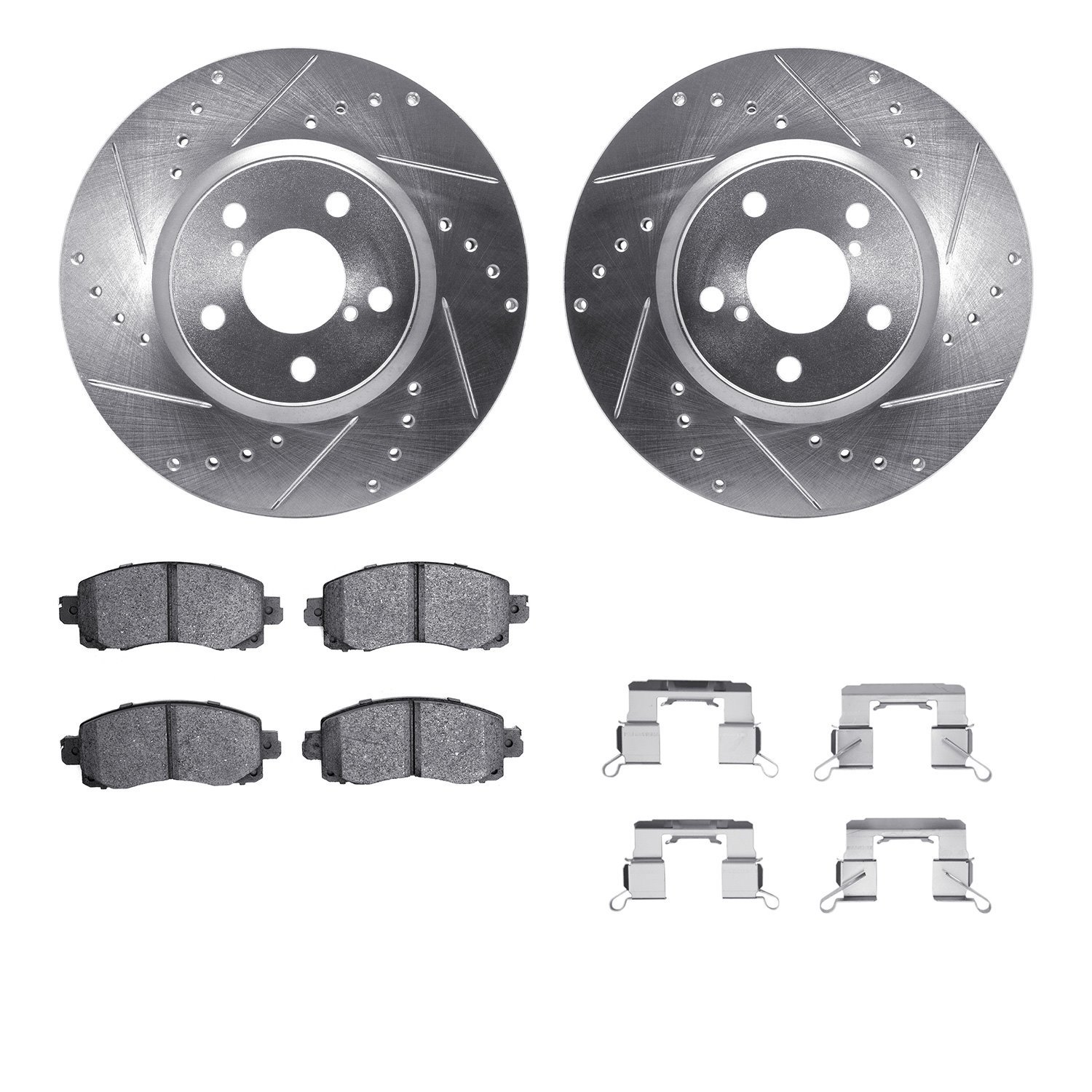 7512-13049 Drilled/Slotted Brake Rotors w/5000 Advanced Brake Pads Kit & Hardware [Silver], Fits Select Subaru, Position: Front
