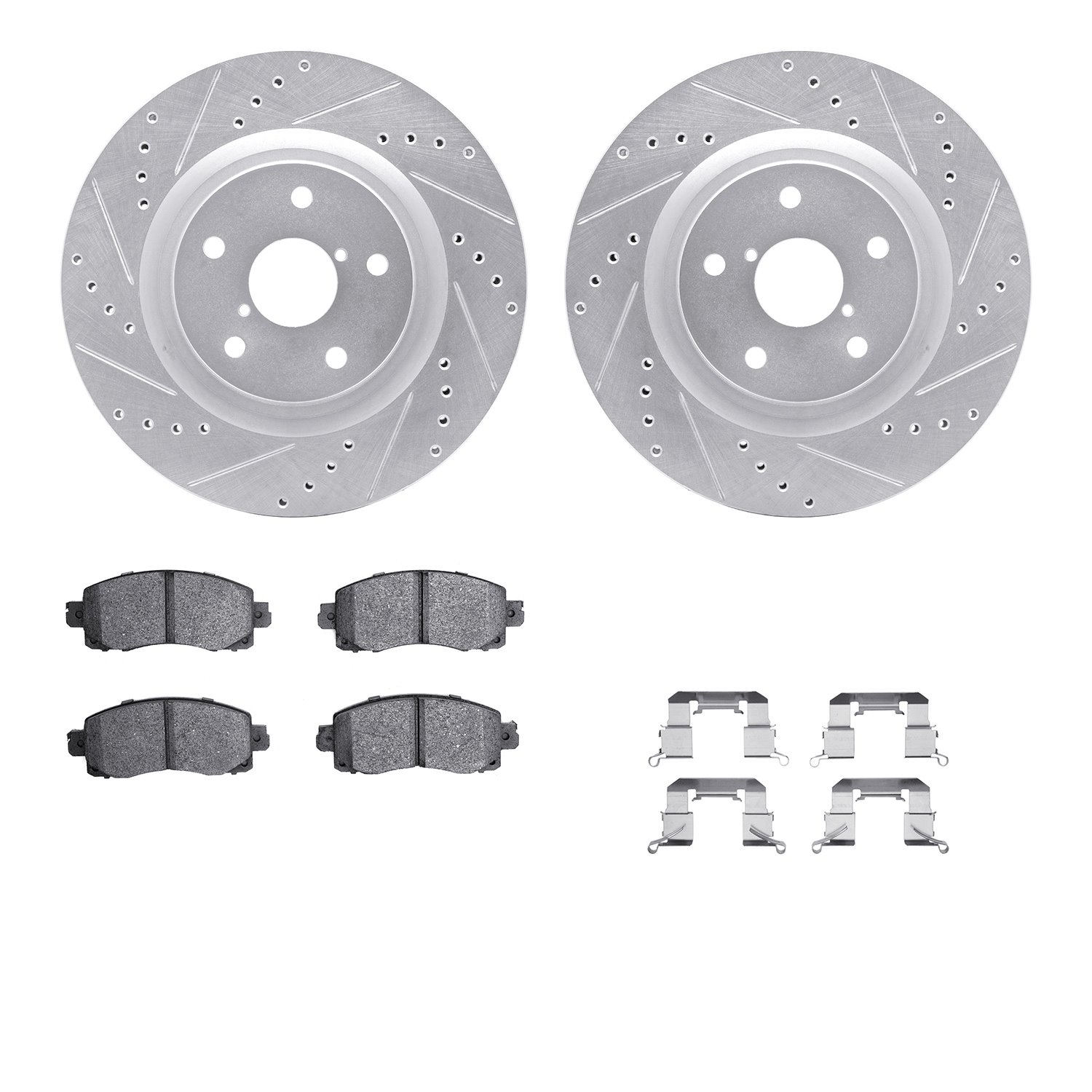 7512-13054 Drilled/Slotted Brake Rotors w/5000 Advanced Brake Pads Kit & Hardware [Silver], Fits Select Subaru, Position: Front