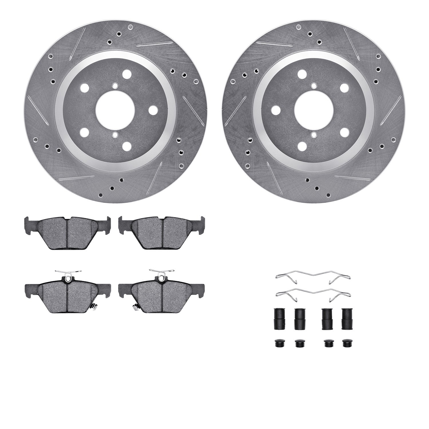 7512-13055 Drilled/Slotted Brake Rotors w/5000 Advanced Brake Pads Kit & Hardware [Silver], Fits Select Subaru, Position: Rear