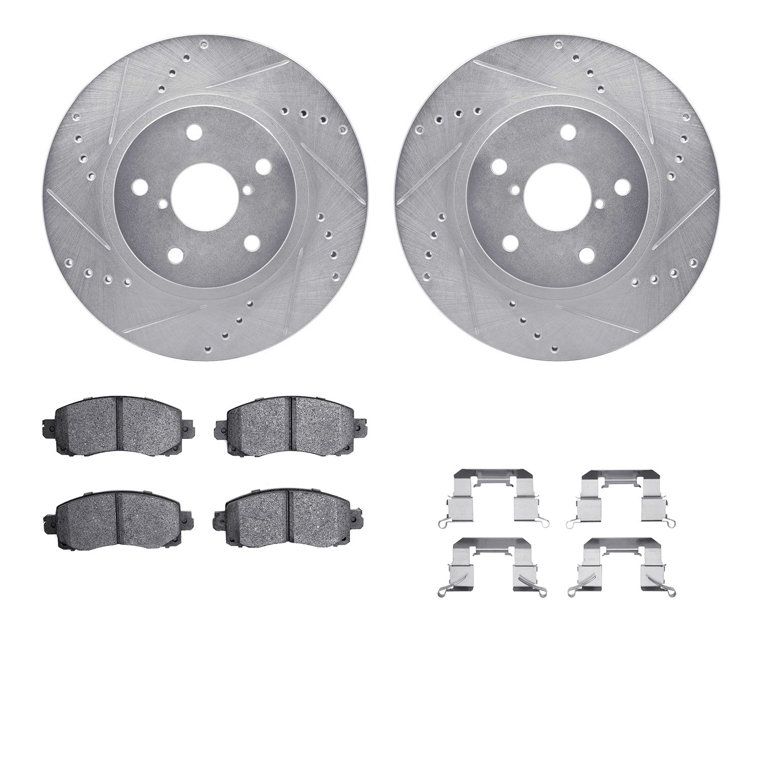 7512-13057 Drilled/Slotted Brake Rotors w/5000 Advanced Brake Pads Kit & Hardware [Silver], Fits Select Subaru, Position: Front