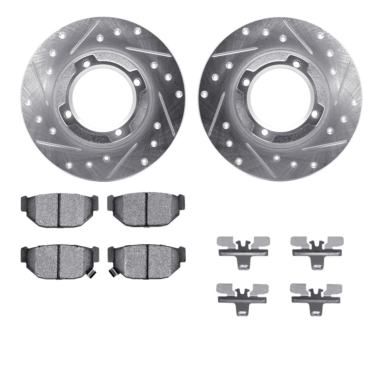 7512-13059 Drilled/Slotted Brake Rotors w/5000 Advanced Brake Pads Kit & Hardware [Silver], 1985-1991 Subaru, Position: Rear