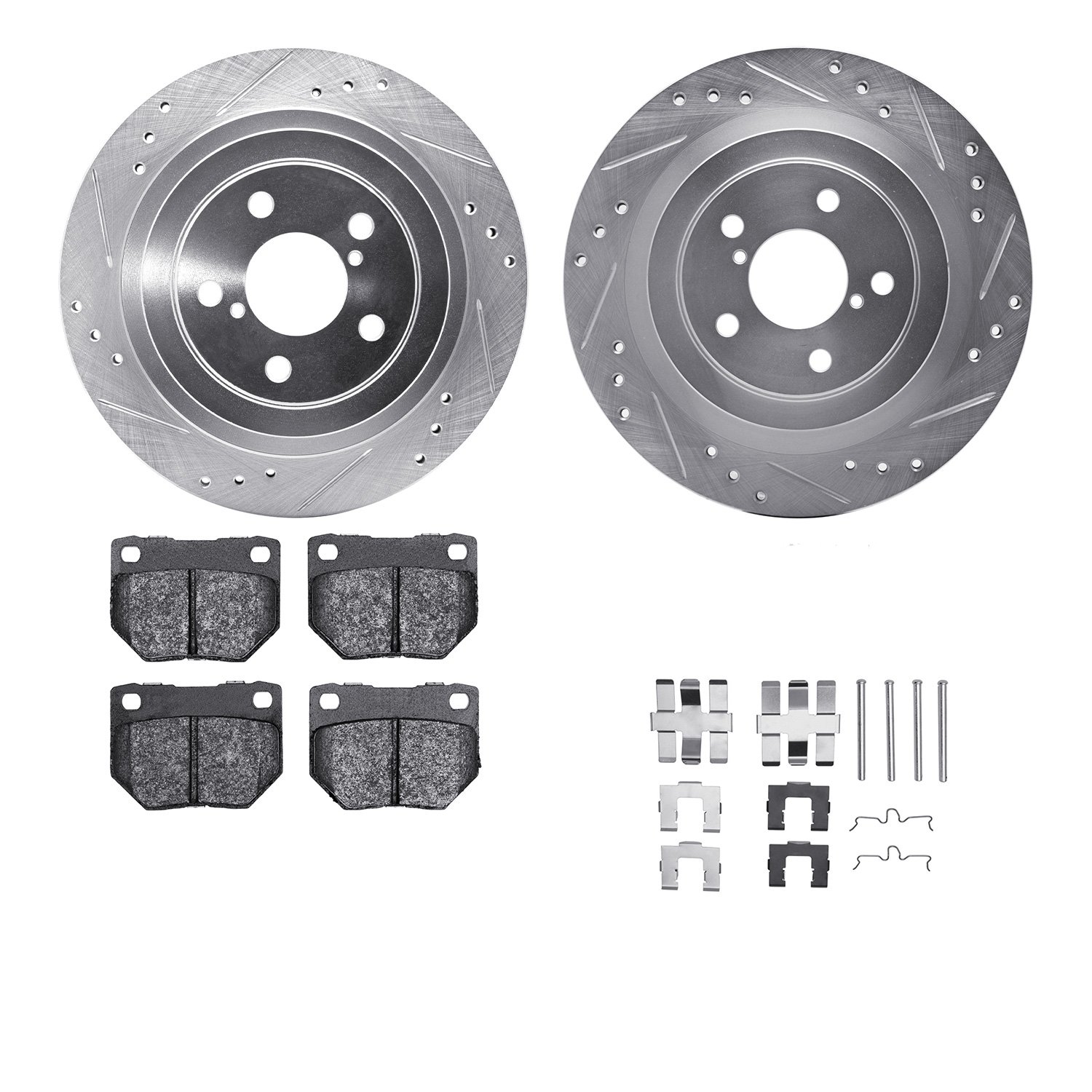 7512-13144 Drilled/Slotted Brake Rotors w/5000 Advanced Brake Pads Kit & Hardware [Silver], 2006-2007 Subaru, Position: Rear