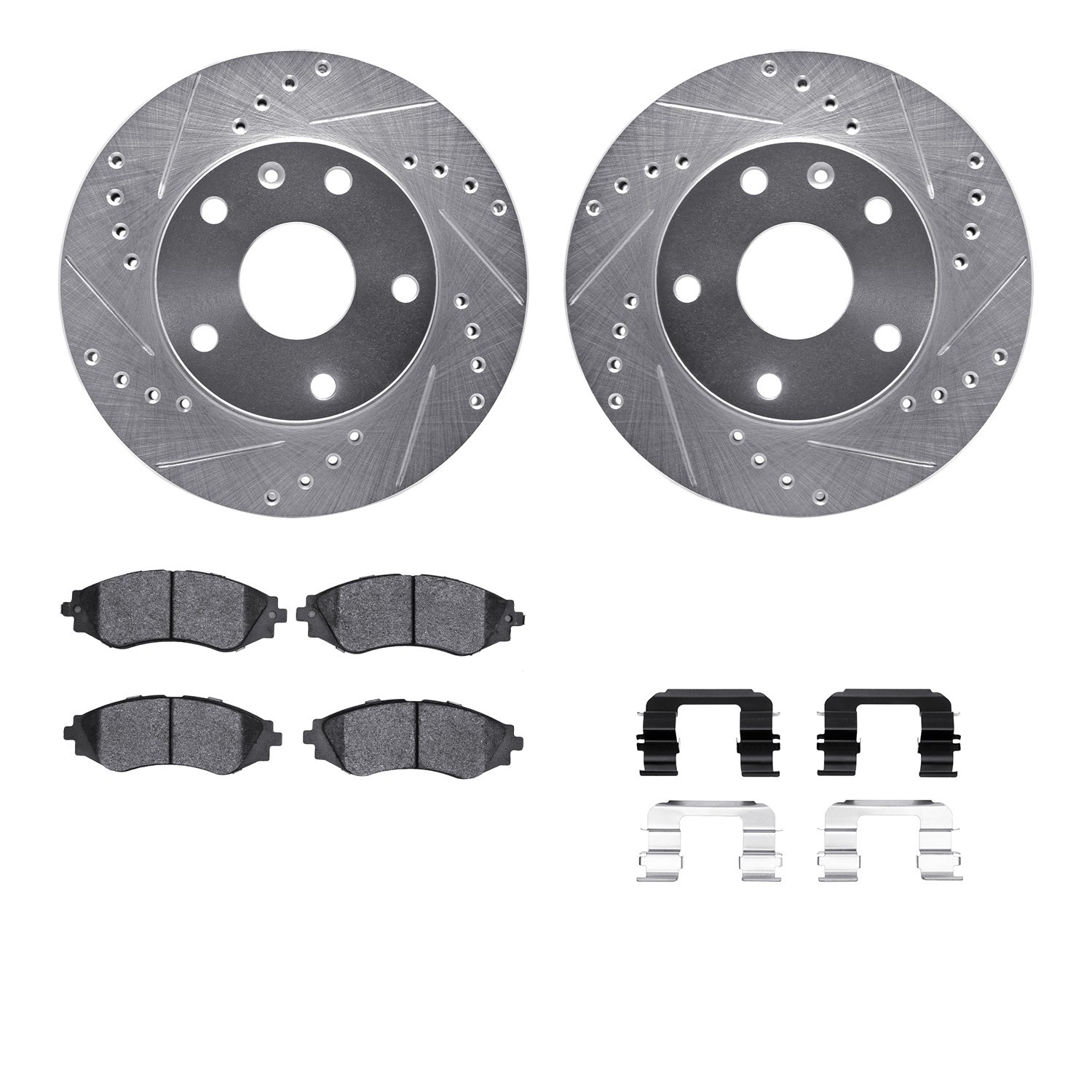 7512-18003 Drilled/Slotted Brake Rotors w/5000 Advanced Brake Pads Kit & Hardware [Silver], 1999-2002 GM, Position: Front