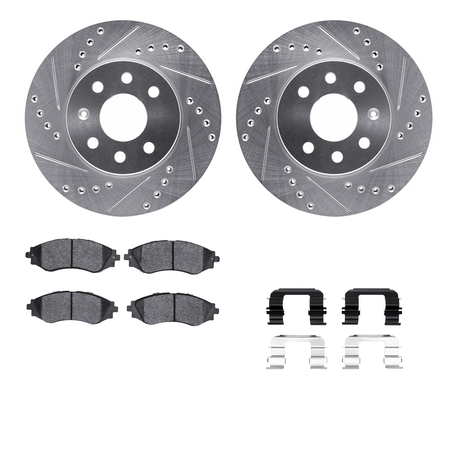 7512-18005 Drilled/Slotted Brake Rotors w/5000 Advanced Brake Pads Kit & Hardware [Silver], 2000-2002 GM, Position: Front