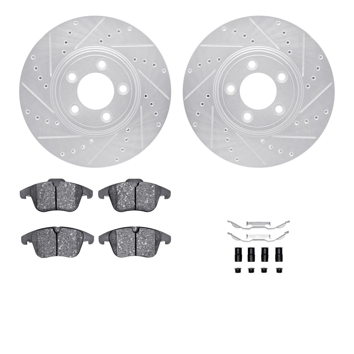 7512-20018 Drilled/Slotted Brake Rotors w/5000 Advanced Brake Pads Kit & Hardware [Silver], 2006-2008 Jaguar, Position: Front