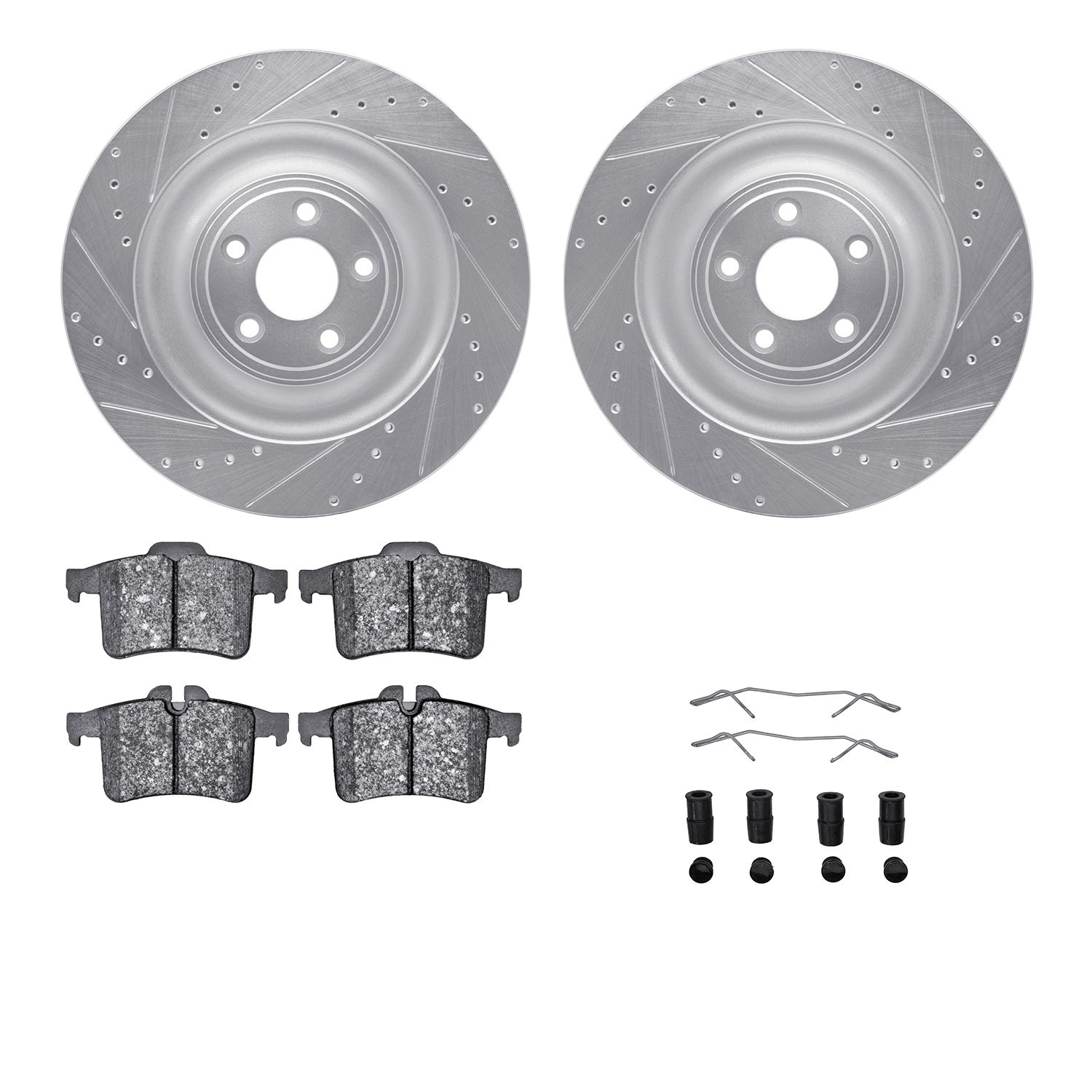 7512-20021 Drilled/Slotted Brake Rotors w/5000 Advanced Brake Pads Kit & Hardware [Silver], 2013-2015 Jaguar, Position: Rear