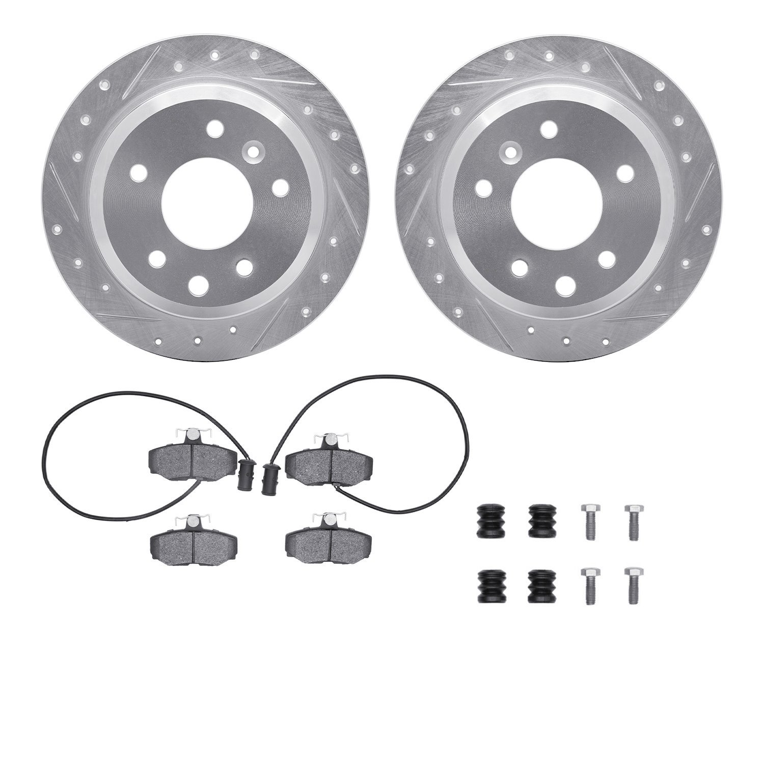 7512-20041 Drilled/Slotted Brake Rotors w/5000 Advanced Brake Pads Kit & Hardware [Silver], 1987-1987 Jaguar, Position: Rear