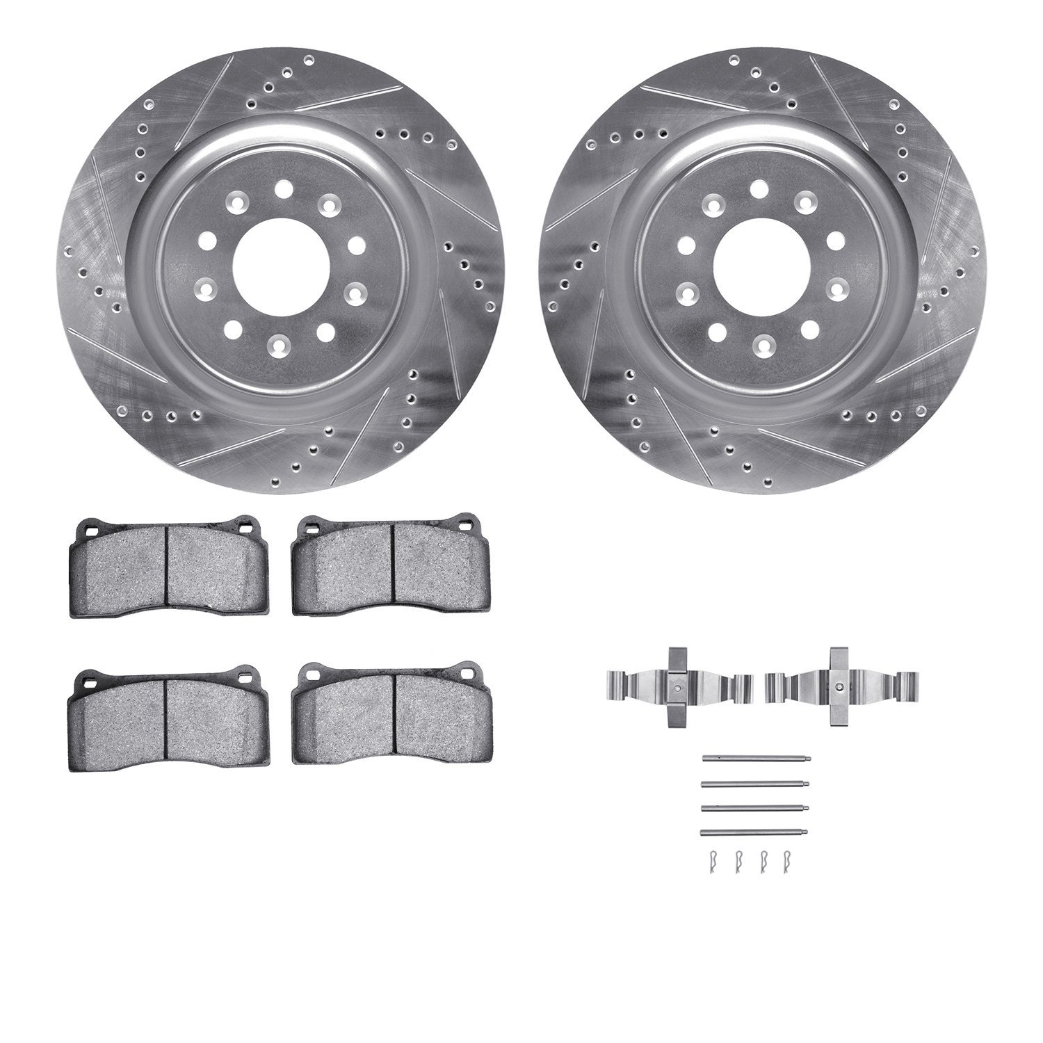 7512-20082 Drilled/Slotted Brake Rotors w/5000 Advanced Brake Pads Kit & Hardware [Silver], 2000-2006 Jaguar, Position: Front