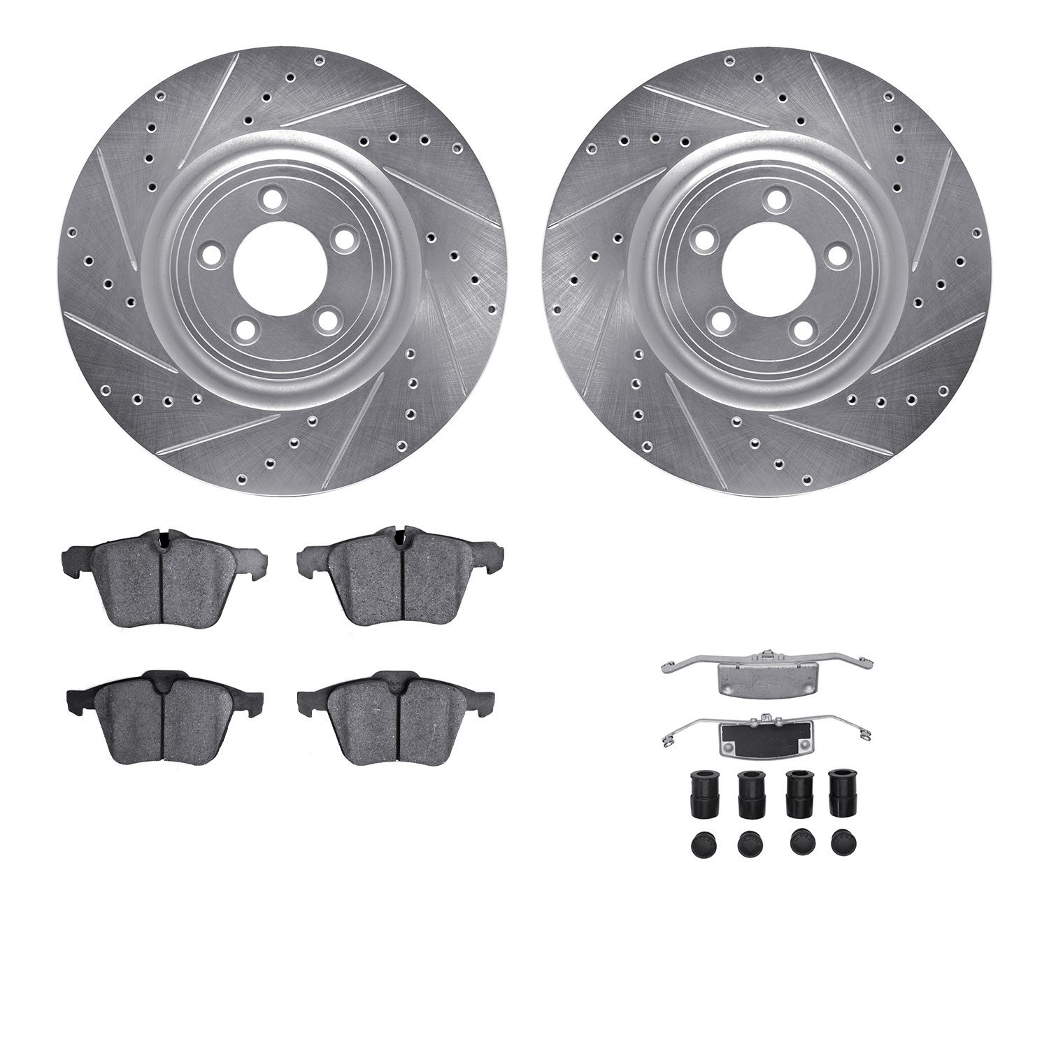 7512-20094 Drilled/Slotted Brake Rotors w/5000 Advanced Brake Pads Kit & Hardware [Silver], 2014-2021 Jaguar, Position: Front