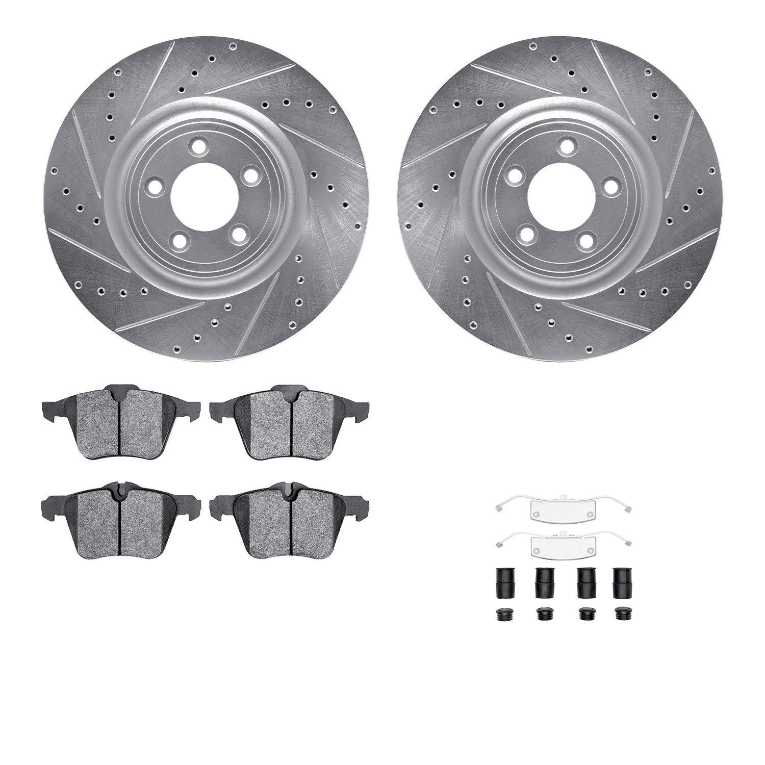 7512-20096 Drilled/Slotted Brake Rotors w/5000 Advanced Brake Pads Kit & Hardware [Silver], 2010-2019 Jaguar, Position: Front