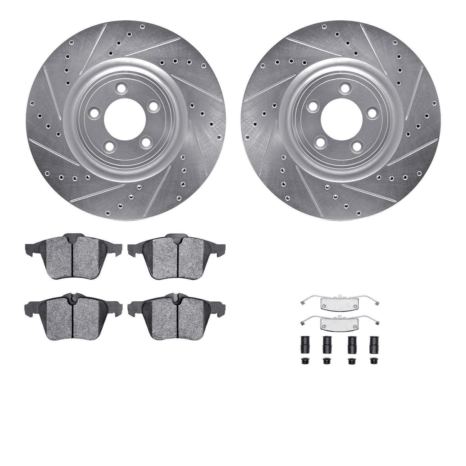 7512-20099 Drilled/Slotted Brake Rotors w/5000 Advanced Brake Pads Kit & Hardware [Silver], 2009-2015 Jaguar, Position: Front
