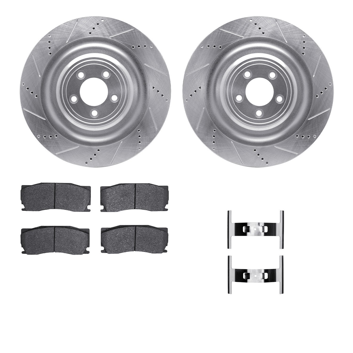 7512-20114 Drilled/Slotted Brake Rotors w/5000 Advanced Brake Pads Kit & Hardware [Silver], 2008-2009 Jaguar, Position: Front