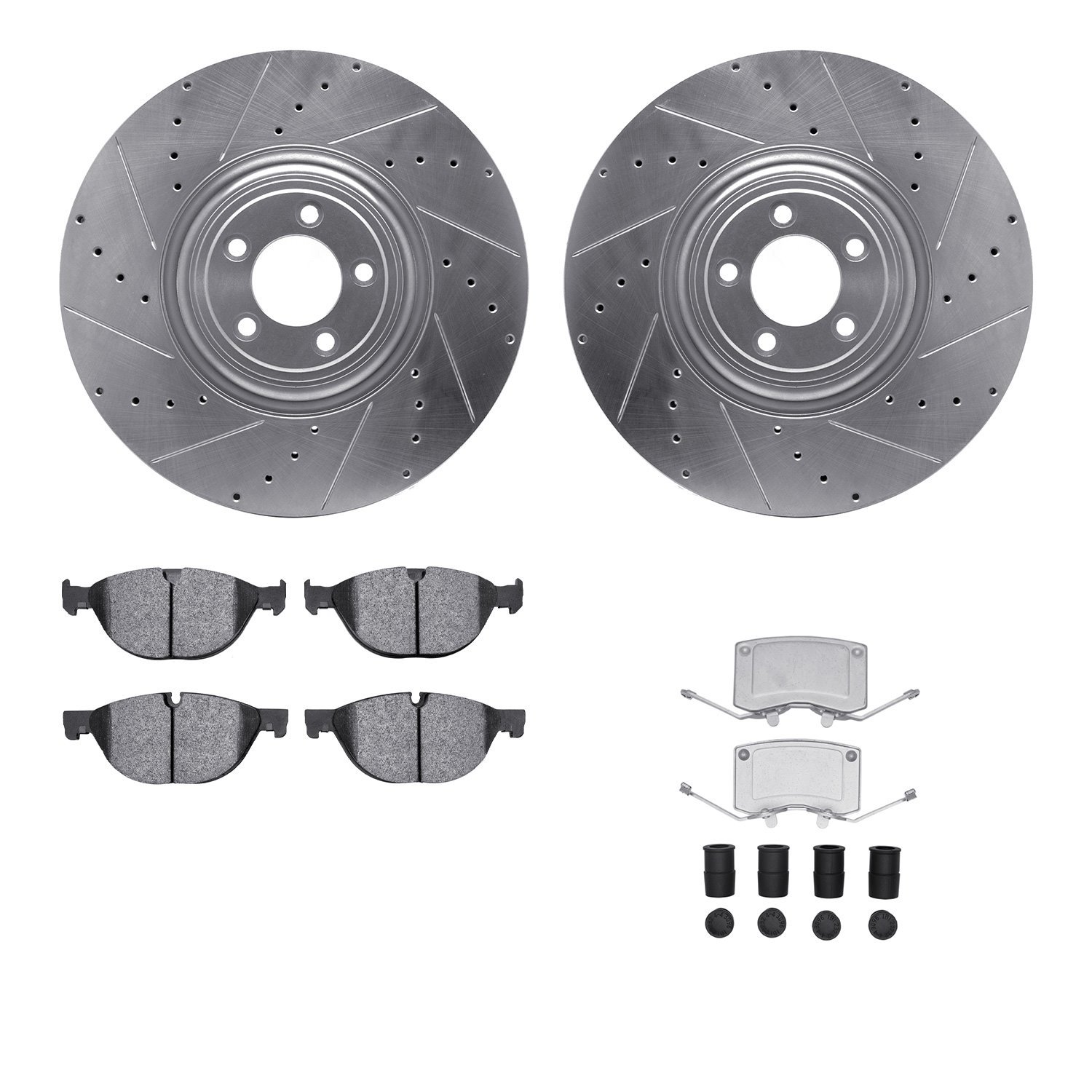 7512-20119 Drilled/Slotted Brake Rotors w/5000 Advanced Brake Pads Kit & Hardware [Silver], Fits Select Jaguar, Position: Front