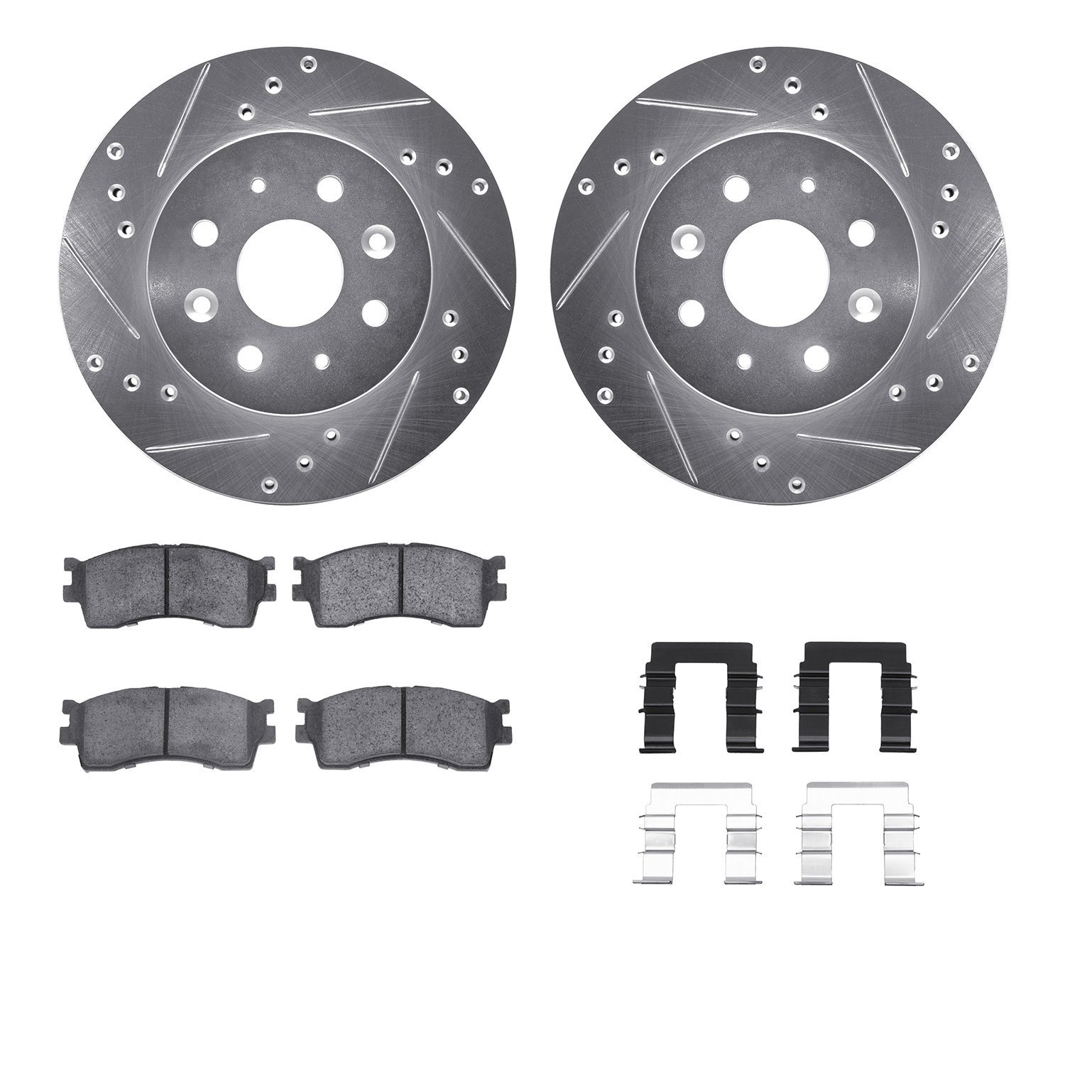 7512-21007 Drilled/Slotted Brake Rotors w/5000 Advanced Brake Pads Kit & Hardware [Silver], 2003-2005 Kia/Hyundai/Genesis, Posit