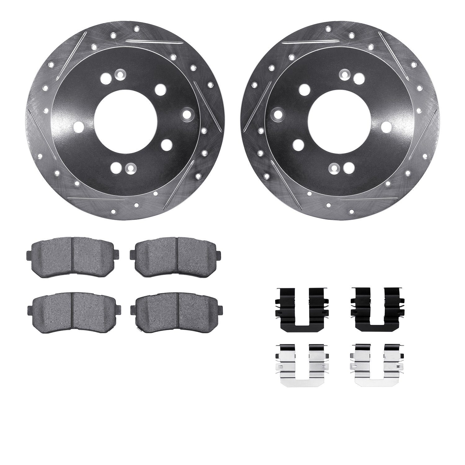 7512-21017 Drilled/Slotted Brake Rotors w/5000 Advanced Brake Pads Kit & Hardware [Silver], 2010-2013 Kia/Hyundai/Genesis, Posit