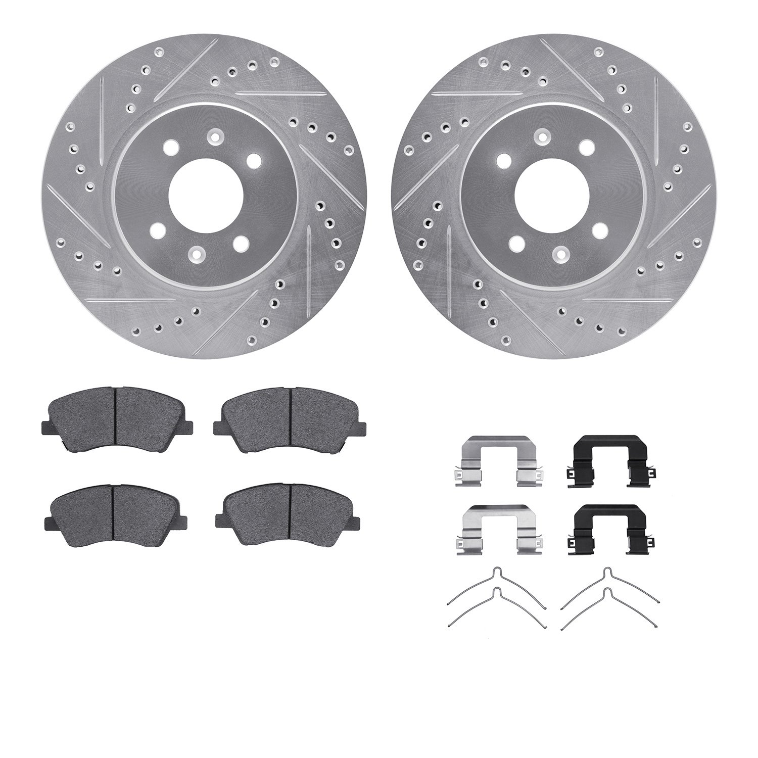 7512-21026 Drilled/Slotted Brake Rotors w/5000 Advanced Brake Pads Kit & Hardware [Silver], Fits Select Kia/Hyundai/Genesis, Pos