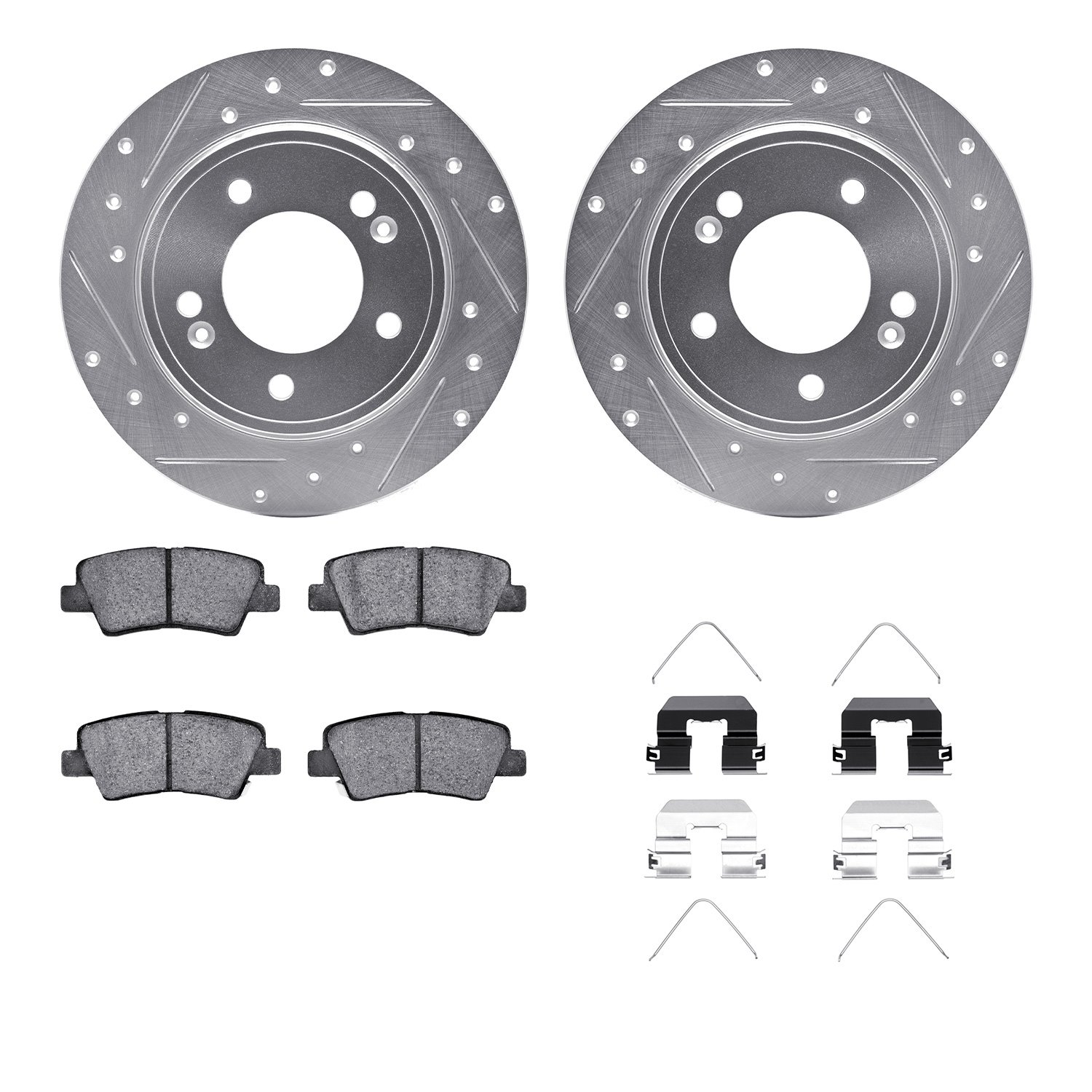 7512-21034 Drilled/Slotted Brake Rotors w/5000 Advanced Brake Pads Kit & Hardware [Silver], Fits Select Kia/Hyundai/Genesis, Pos
