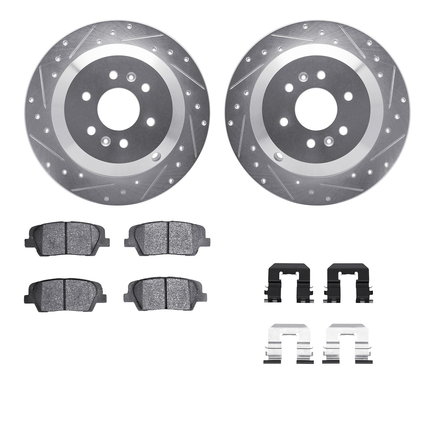 7512-21041 Drilled/Slotted Brake Rotors w/5000 Advanced Brake Pads Kit & Hardware [Silver], 2009-2010 Kia/Hyundai/Genesis, Posit