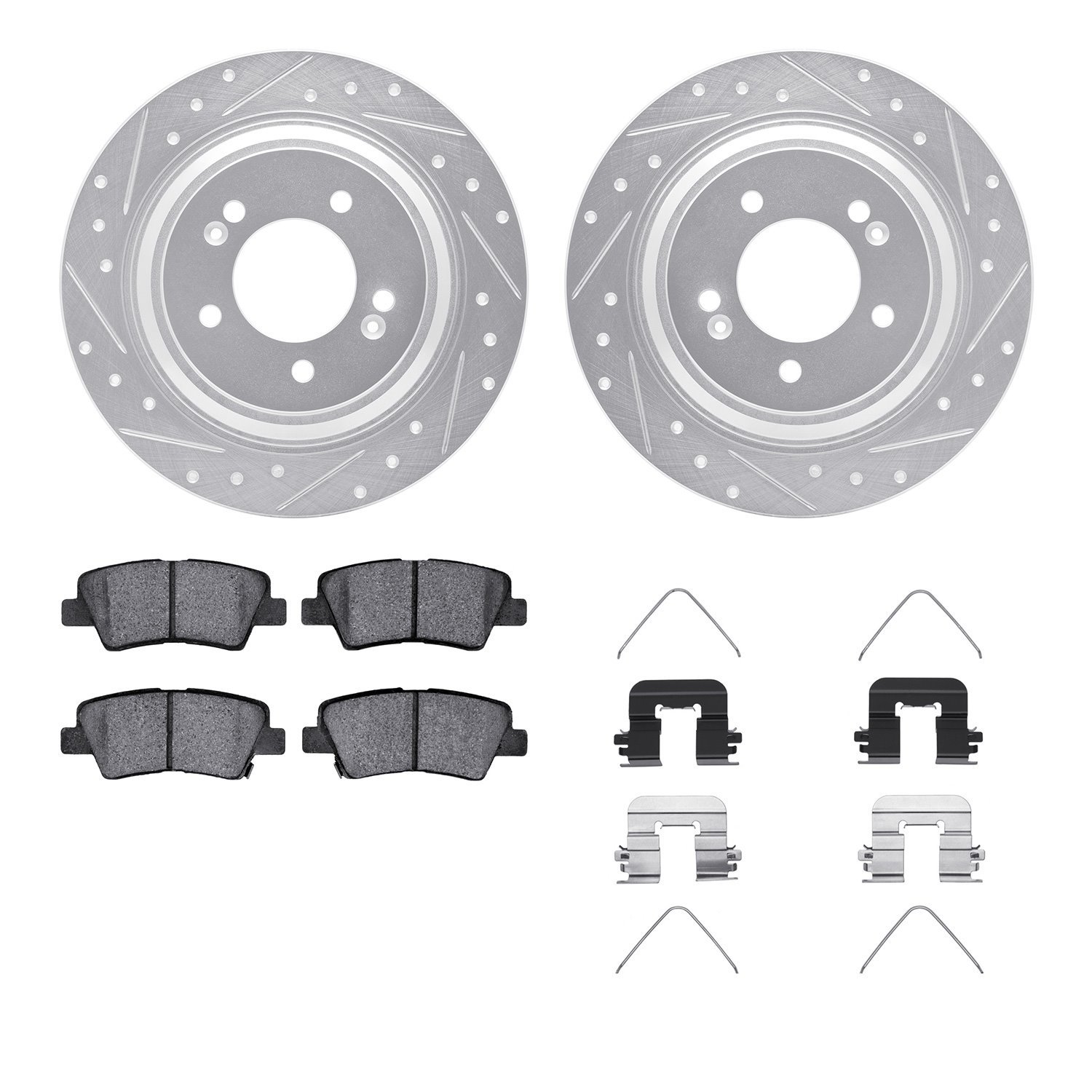7512-21043 Drilled/Slotted Brake Rotors w/5000 Advanced Brake Pads Kit & Hardware [Silver], Fits Select Kia/Hyundai/Genesis, Pos