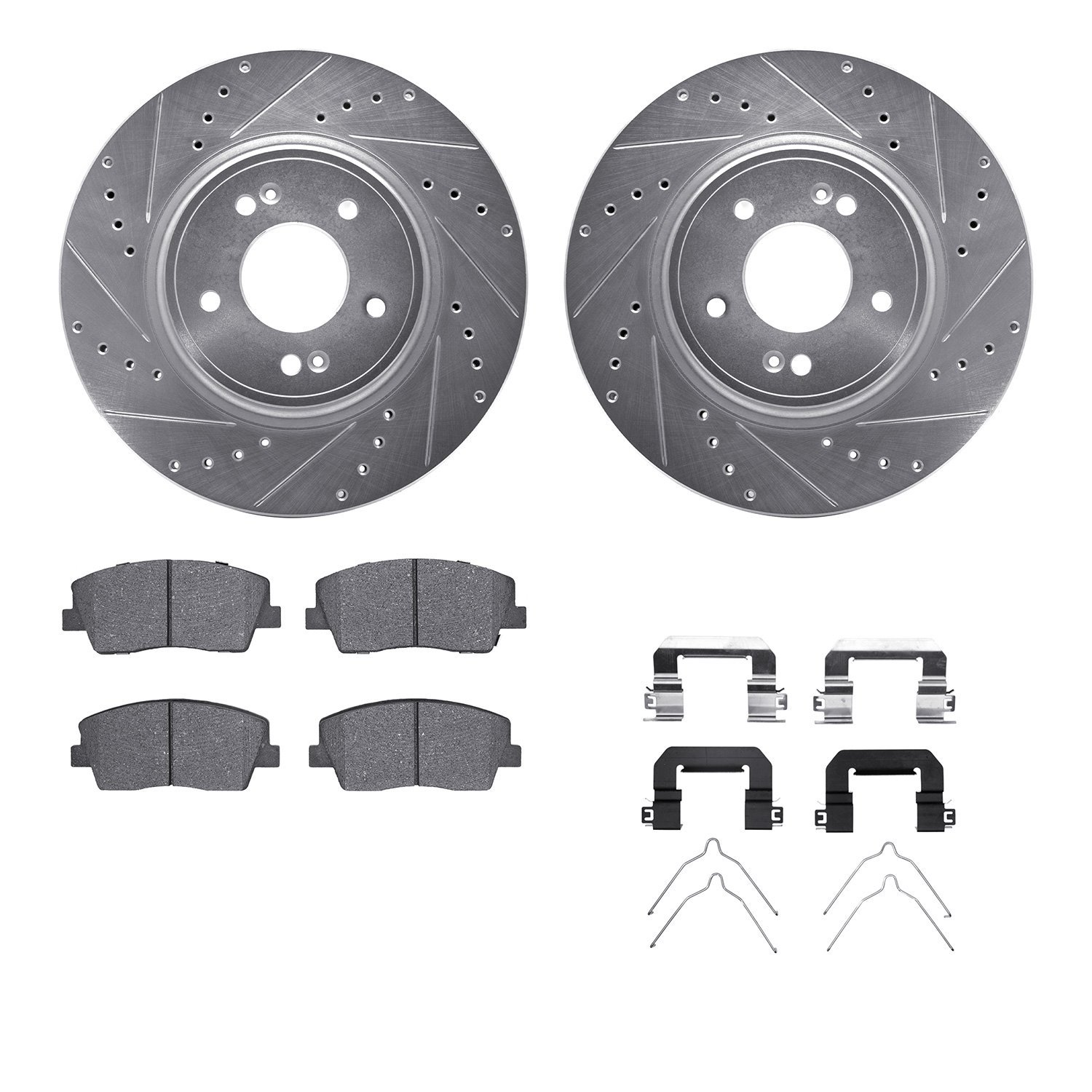 7512-21049 Drilled/Slotted Brake Rotors w/5000 Advanced Brake Pads Kit & Hardware [Silver], Fits Select Kia/Hyundai/Genesis, Pos