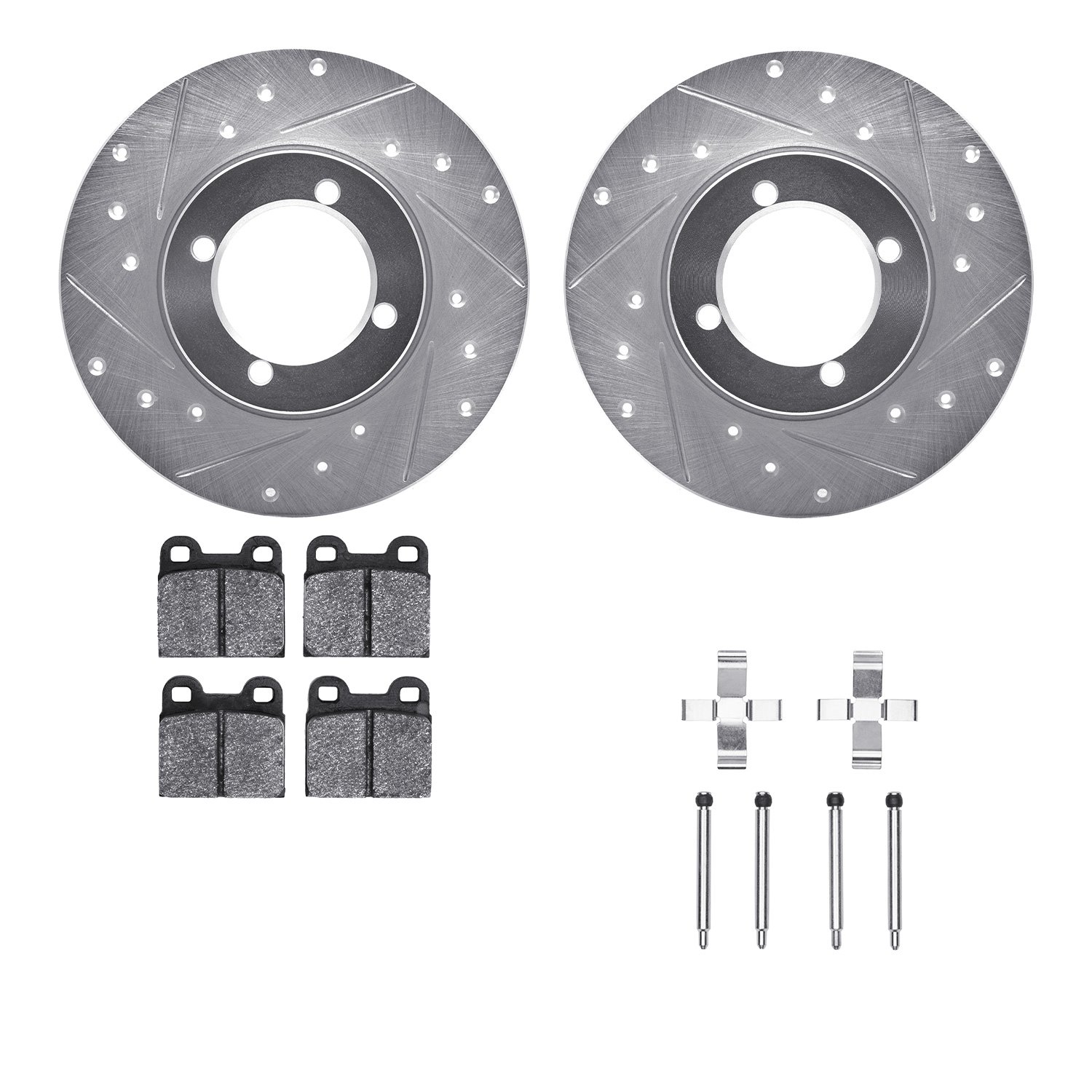 7512-22002 Drilled/Slotted Brake Rotors w/5000 Advanced Brake Pads Kit & Hardware [Silver], 1967-1971 Opel, Position: Front