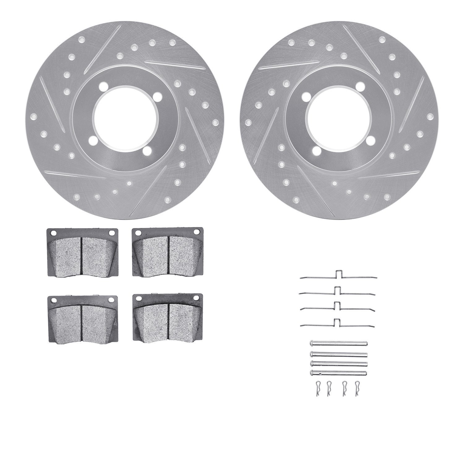 7512-22003 Drilled/Slotted Brake Rotors w/5000 Advanced Brake Pads Kit & Hardware [Silver], 1976-1979 Lotus, Position: Front