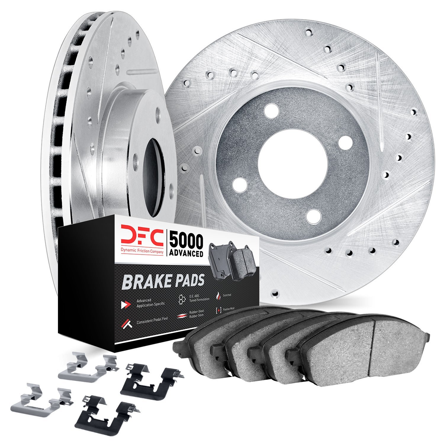 7512-23008 Drilled/Slotted Brake Rotors w/5000 Advanced Brake Pads Kit & Hardware [Silver], 1983-1985 Renault, Position: Front