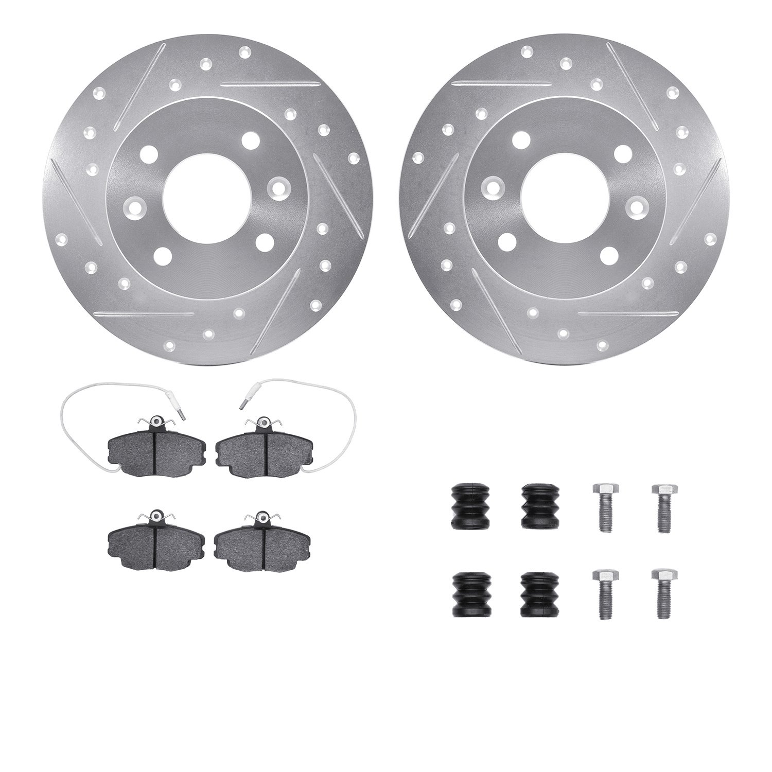 7512-23016 Drilled/Slotted Brake Rotors w/5000 Advanced Brake Pads Kit & Hardware [Silver], 1981-1983 Renault, Position: Front